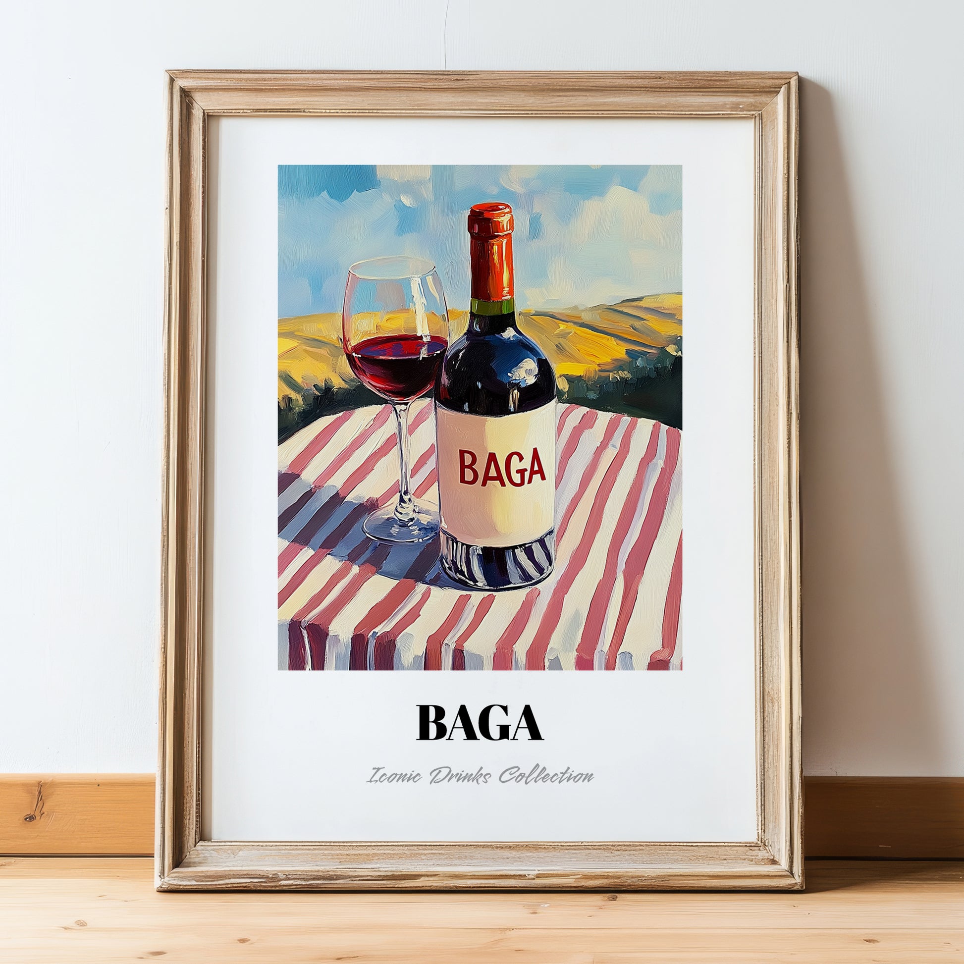Baga – Portuguese Hilltop Café Scene, Portuguese Wine Illustration, in wooden frame leaning on the floor