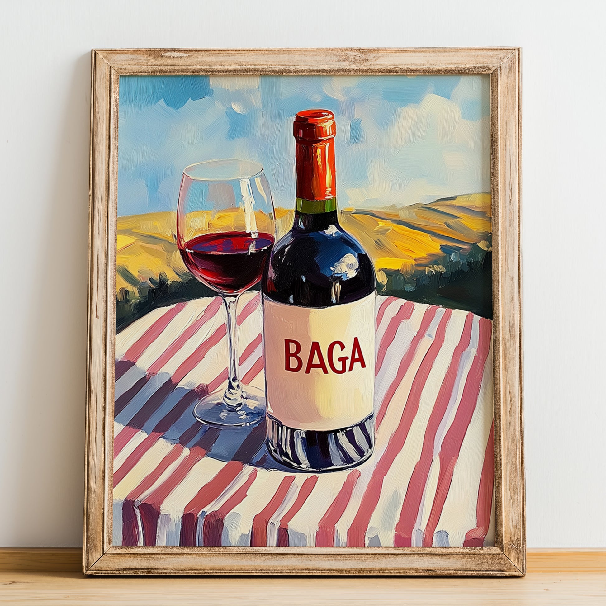 Baga – Portuguese Hilltop Café Scene, Portuguese Wine Illustration, no-text version framed in wood
