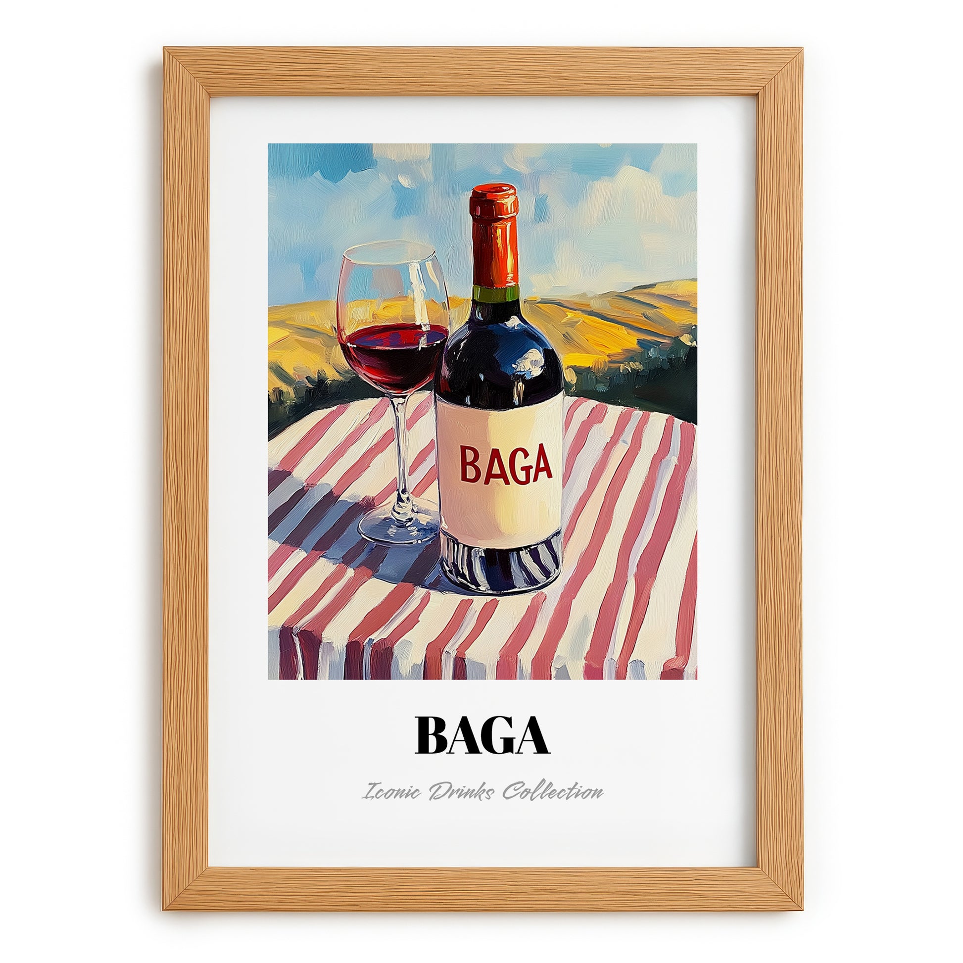 Baga – Portuguese Hilltop Café Scene, Portuguese Wine Illustration, set in oak frame