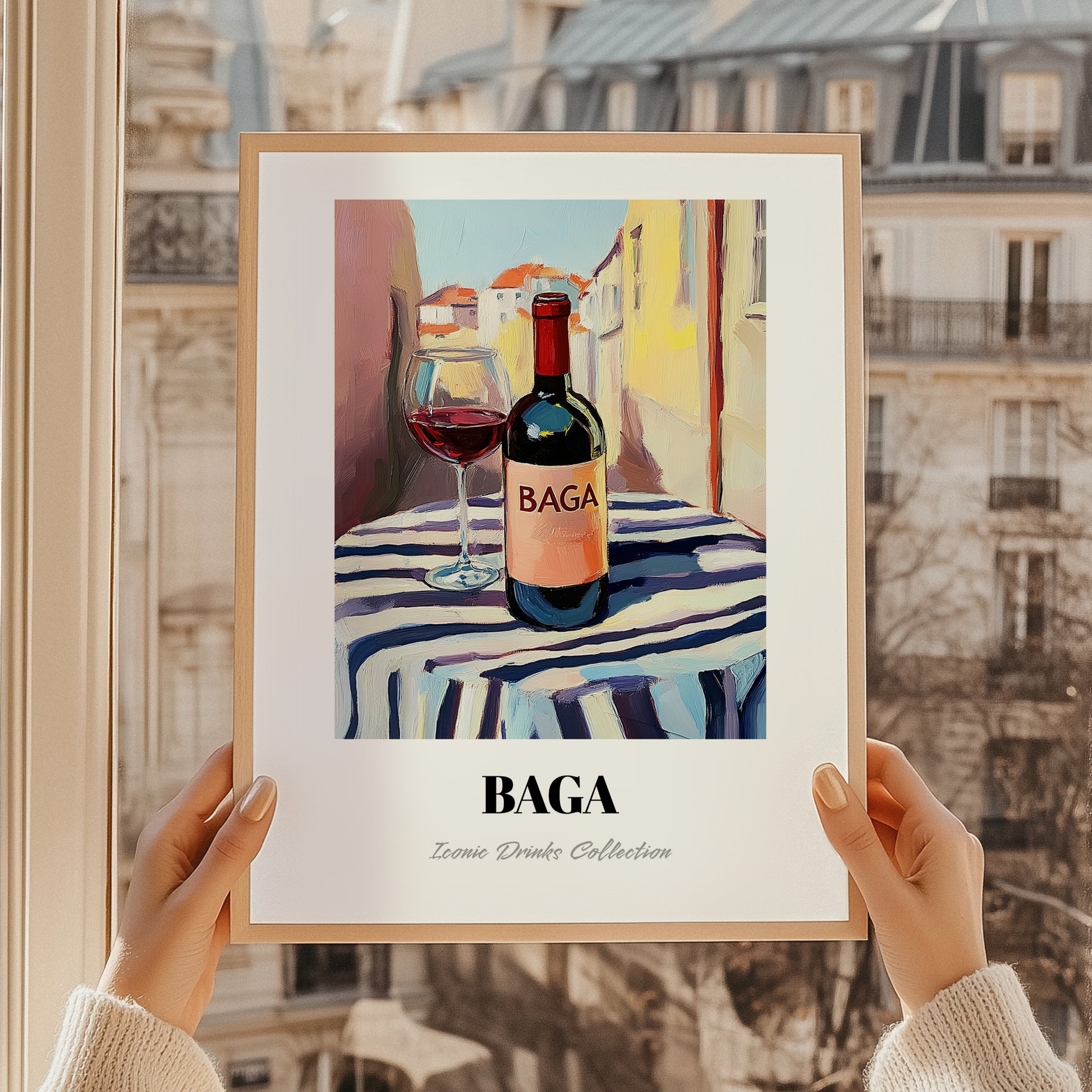 Baga – Portuguese Café on the Corner, Portuguese Wine Painting, styled in a charming Paris street view