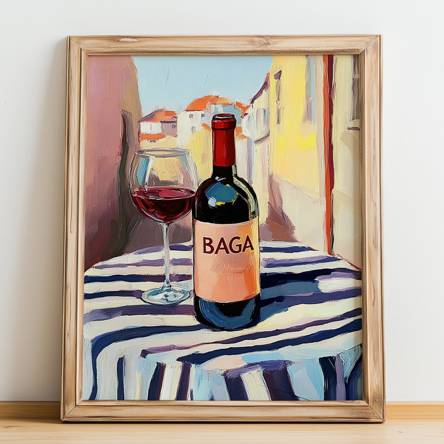 Baga – Portuguese Café on the Corner, Portuguese Wine Painting, no-text version framed in wood