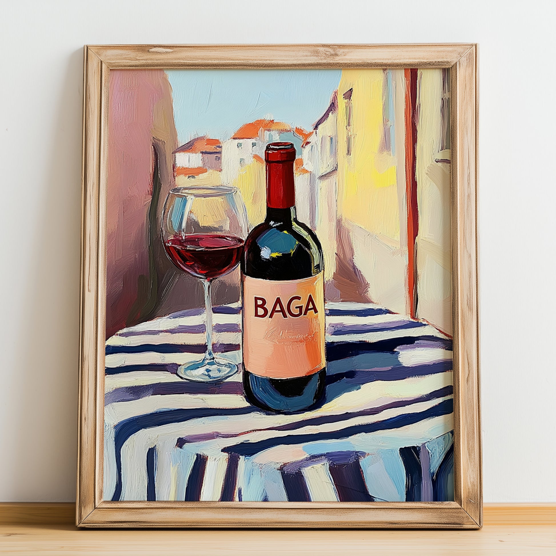 Baga – Portuguese Café on the Corner, Portuguese Wine Painting, no-text version framed in wood