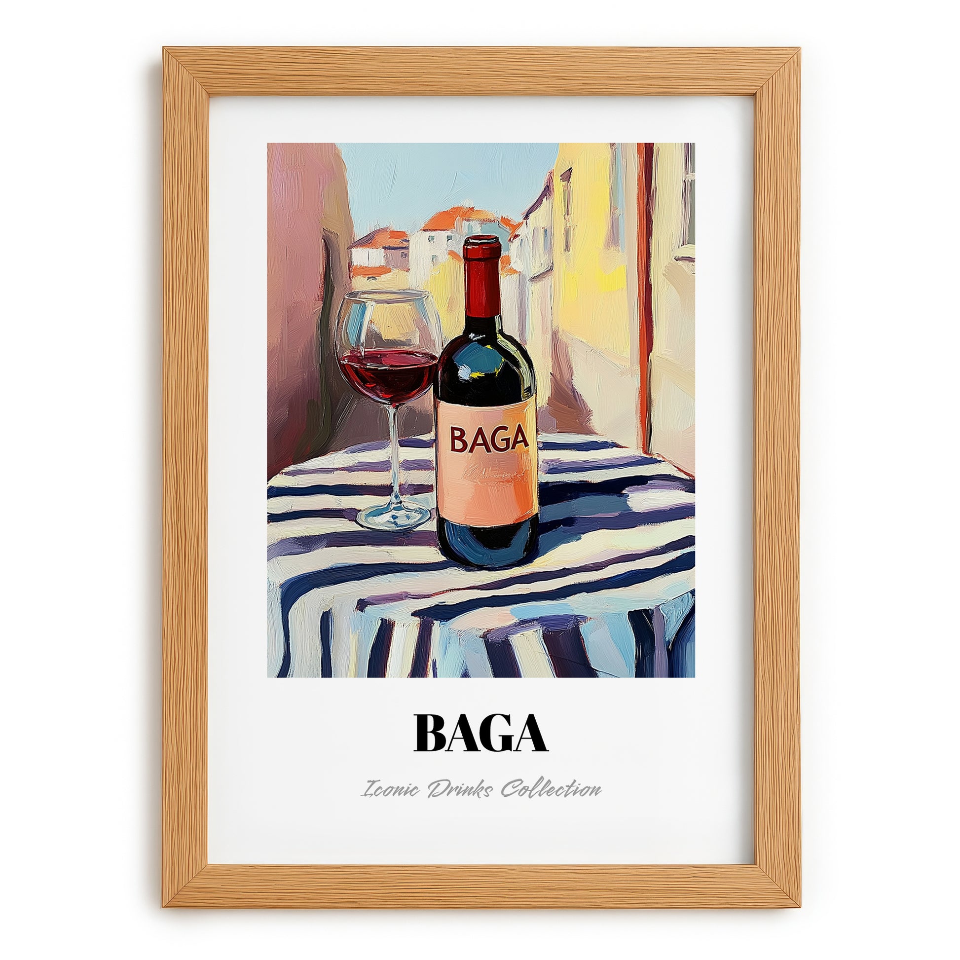 Baga – Portuguese Café on the Corner, Portuguese Wine Painting, set in oak frame