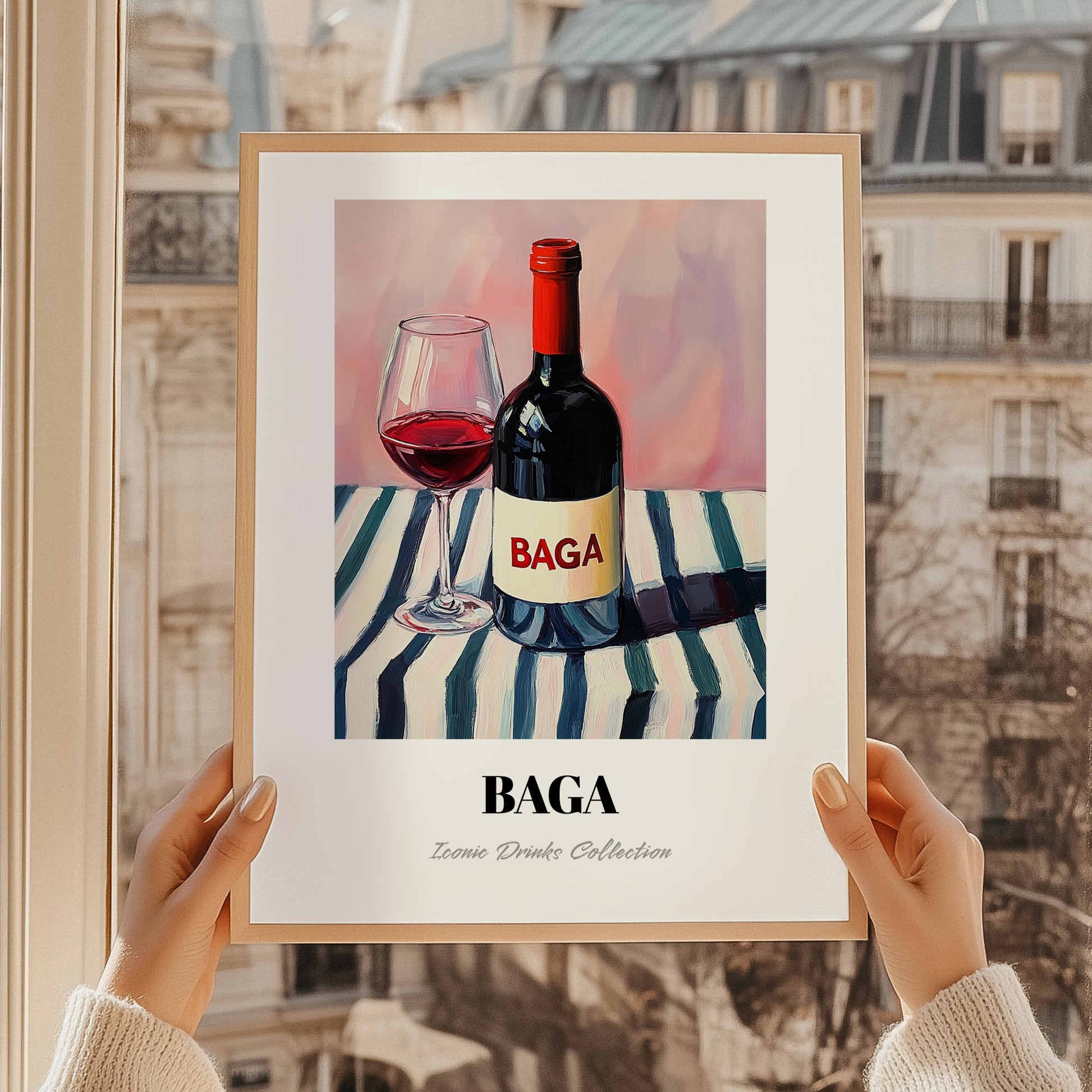 Baga – on Striped Tablecloth, Portuguese Wine Illustration, styled in a charming Paris street view