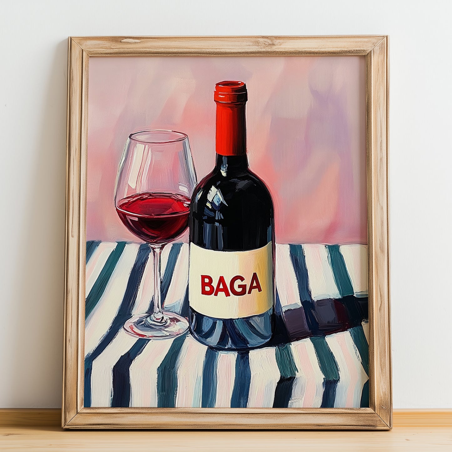 Baga – on Striped Tablecloth, Portuguese Wine Illustration, no-text version framed in wood