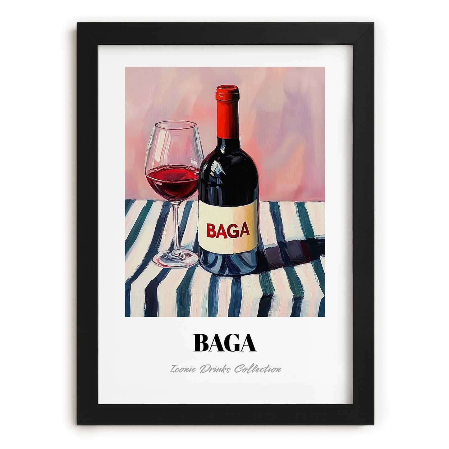 Baga – on Striped Tablecloth, Portuguese Wine Illustration, in sleek black frame