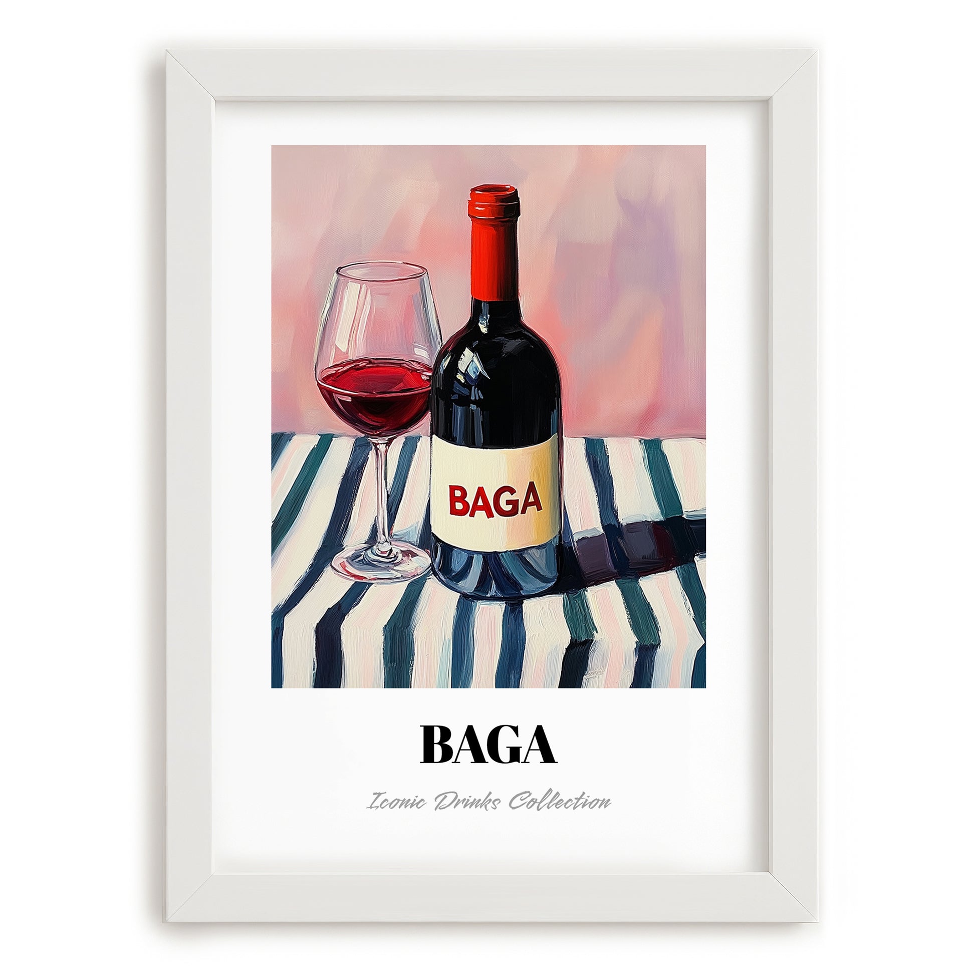 Baga – on Striped Tablecloth, Portuguese Wine Illustration, placed in minimal white frame