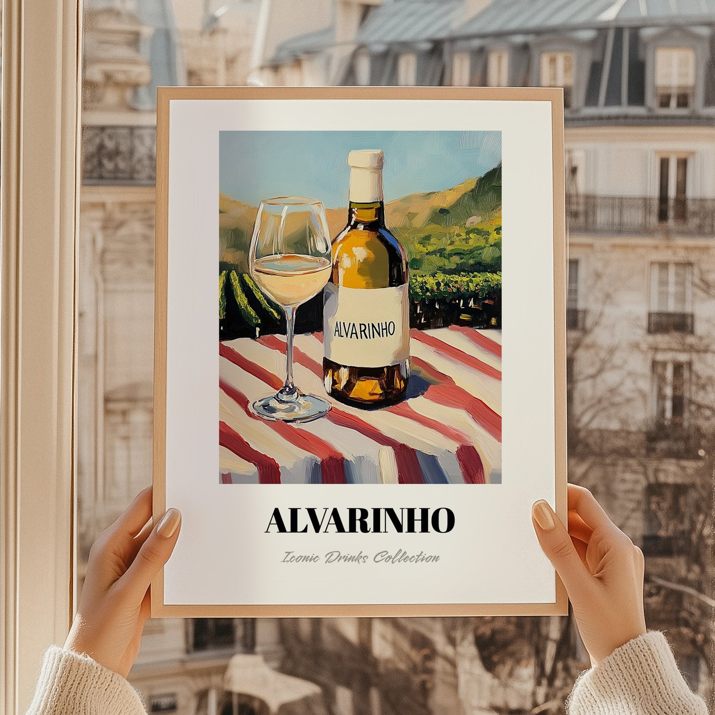 Alvarinho – Portuguese Hillside Café View, Portuguese Wine Wall Illustration, styled in a charming Paris street view