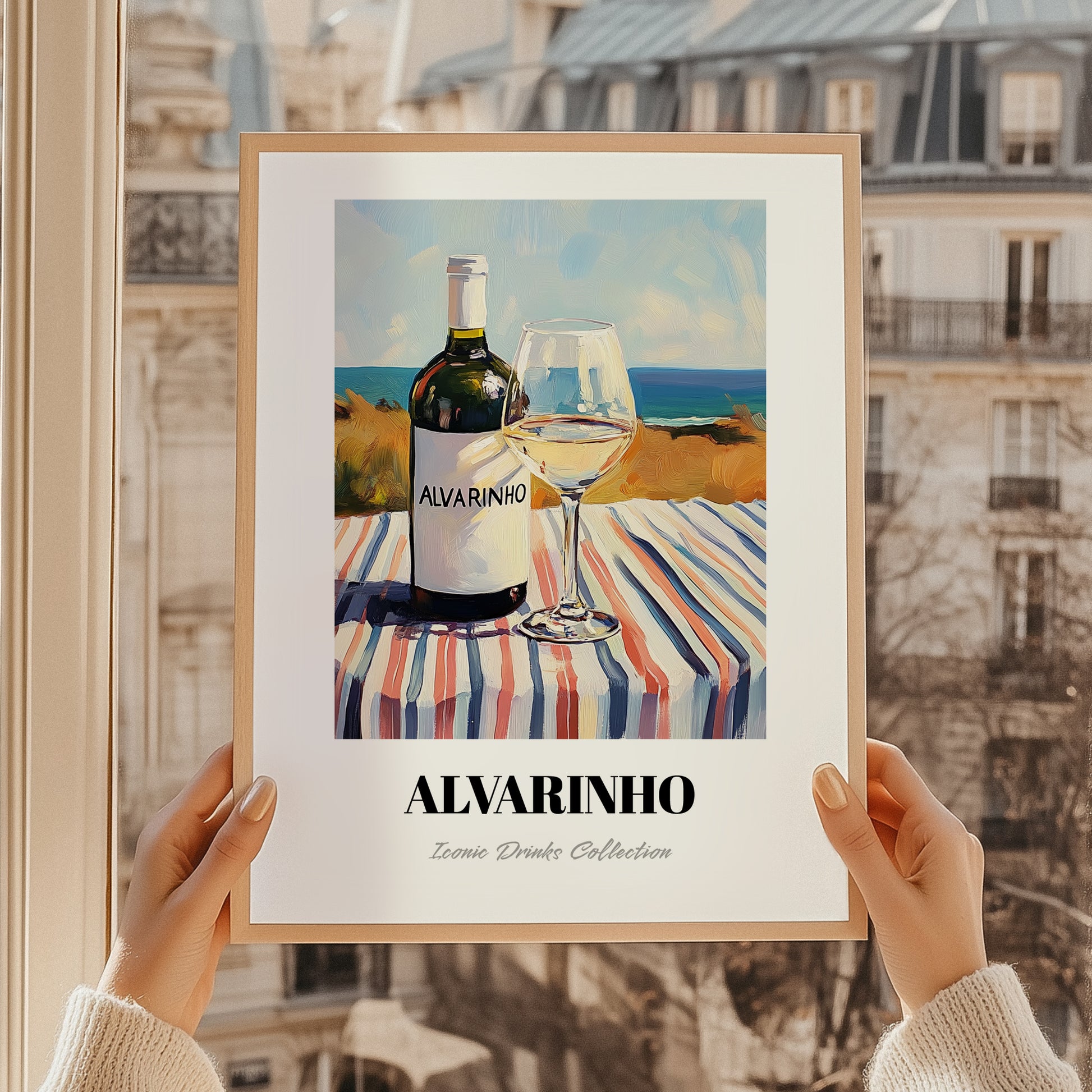 Alvarinho – Portuguese Seaside Scene, Portuguese Wine Illustration, styled in a charming Paris street view