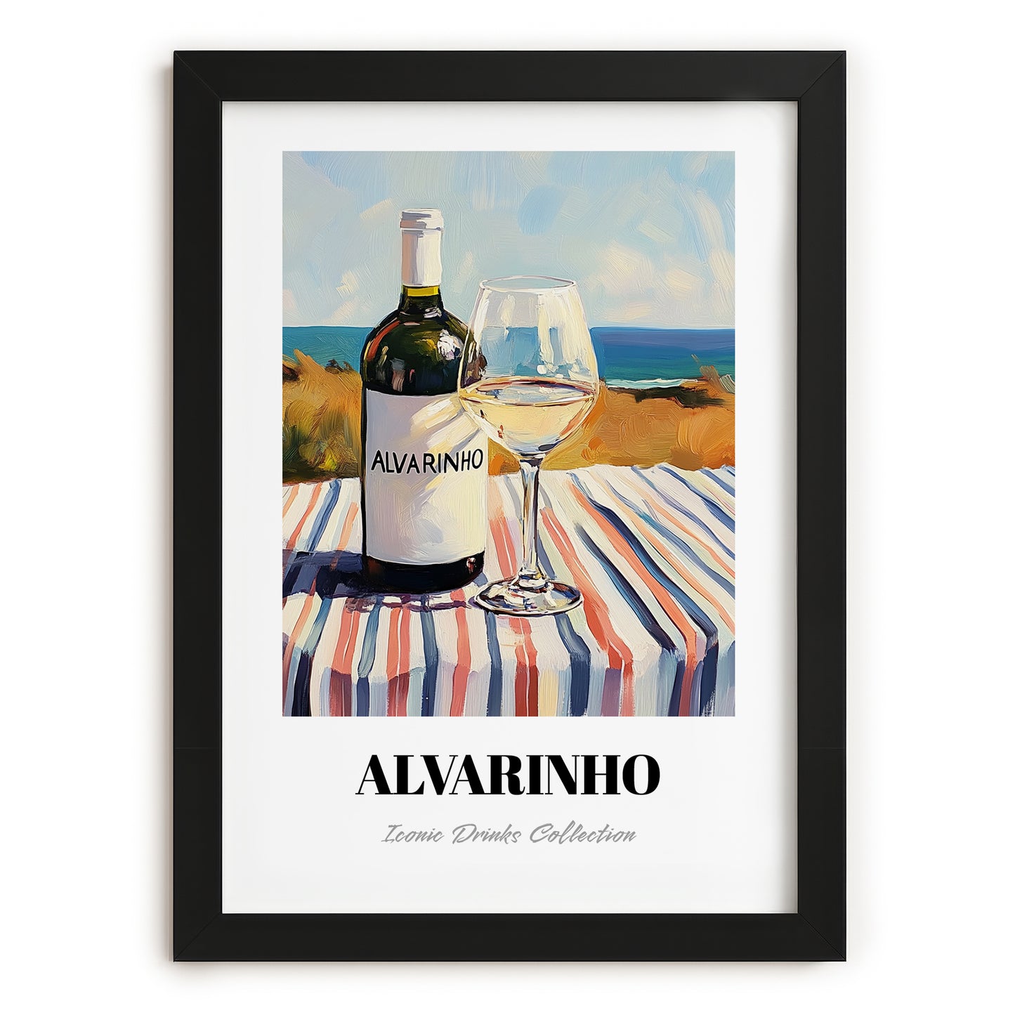 Alvarinho – Portuguese Seaside Scene, Portuguese Wine Illustration, in sleek black frame