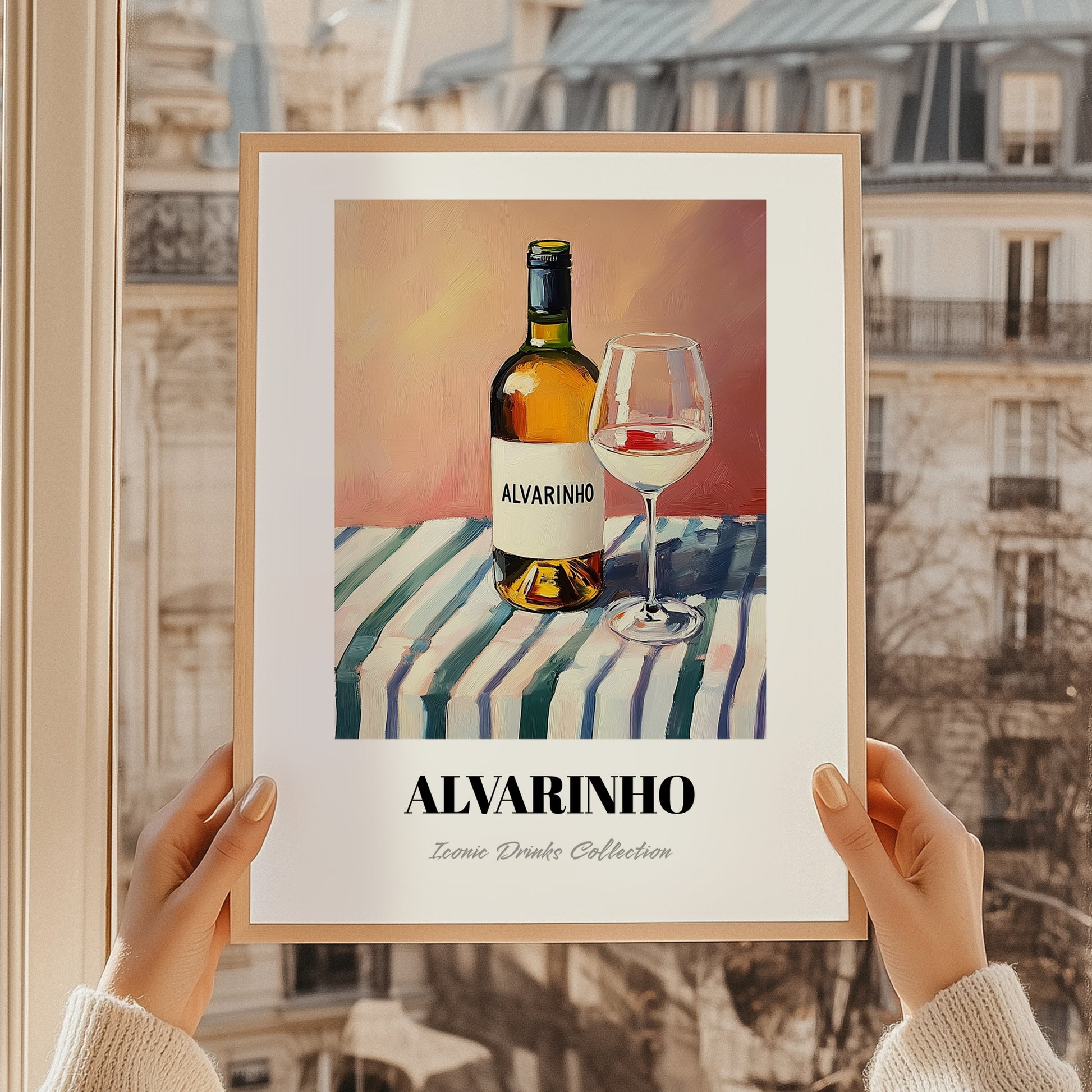 Alvarinho – on Striped Tablecloth, Portuguese Wine Still Life, styled in a charming Paris street view