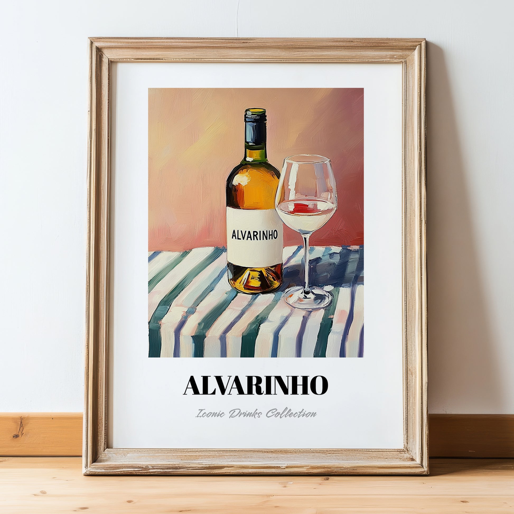 Alvarinho – on Striped Tablecloth, Portuguese Wine Still Life, in wooden frame leaning on the floor