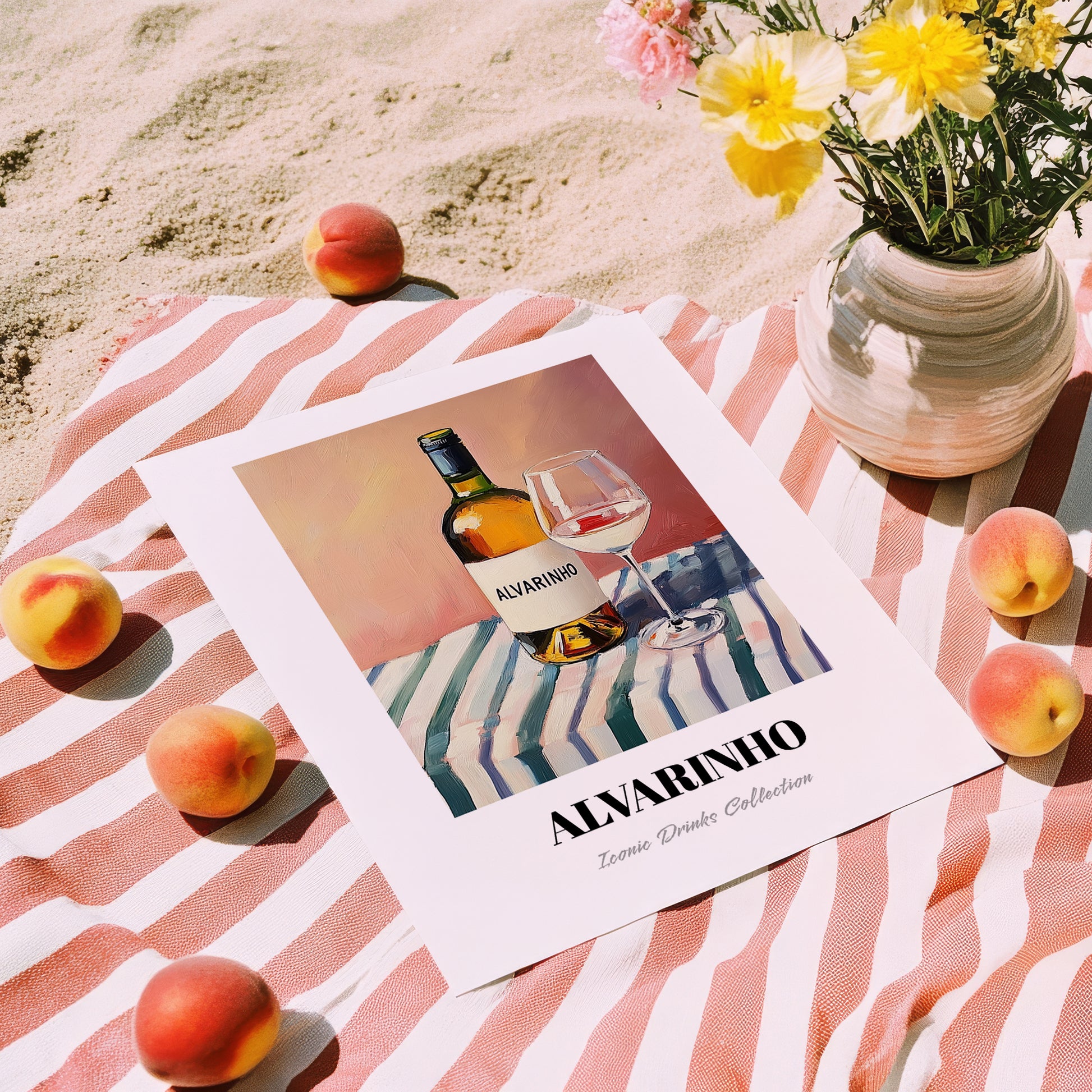 Alvarinho – on Striped Tablecloth, Portuguese Wine Still Life, unframed on coastal sand