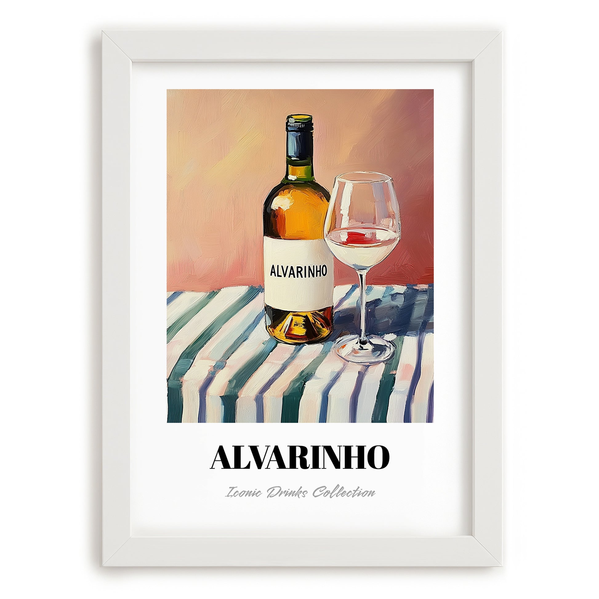 Alvarinho – on Striped Tablecloth, Portuguese Wine Still Life, placed in minimal white frame