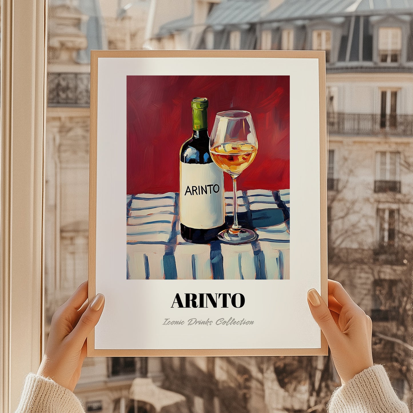 Arinto – on Striped Tablecloth, Portuguese Wine Poster, styled in a charming Paris street view