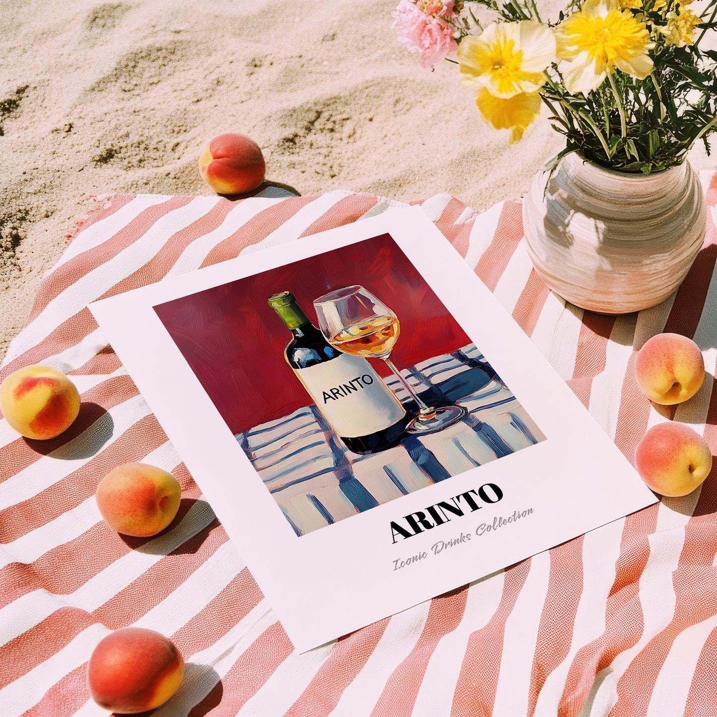 Arinto – on Striped Tablecloth, Portuguese Wine Poster, unframed on coastal sand