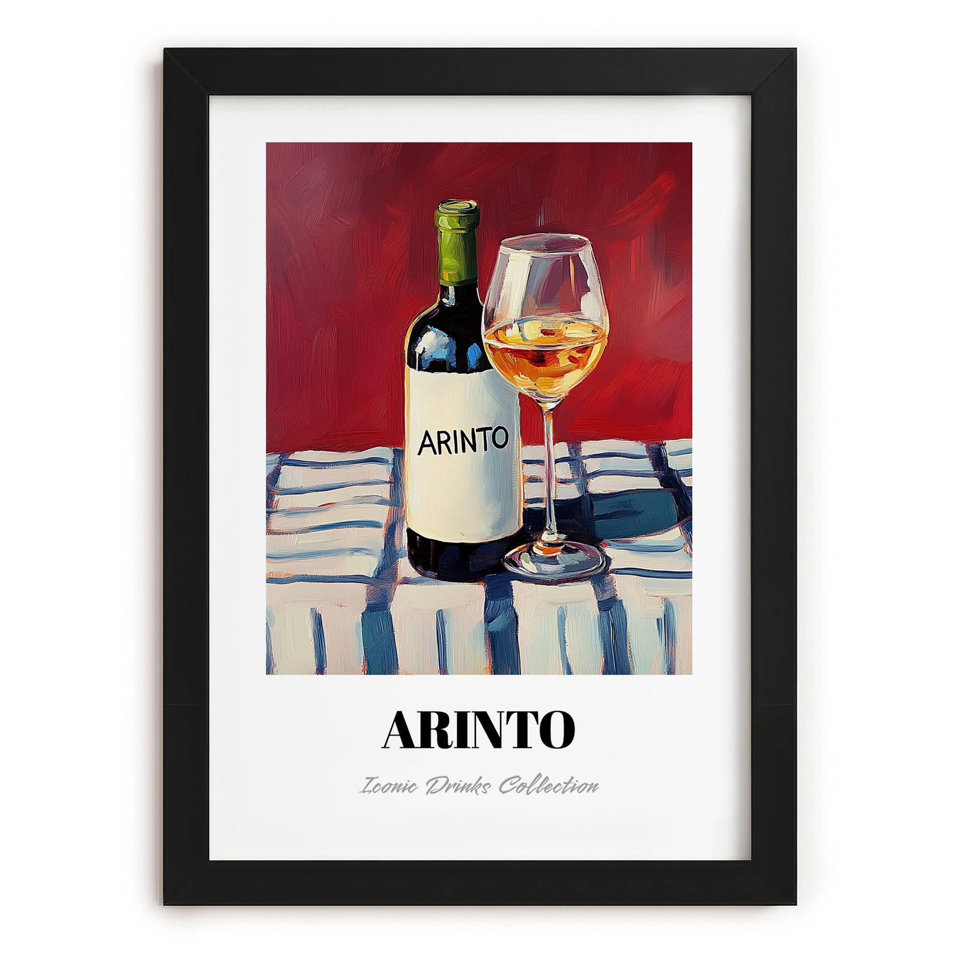 Arinto – on Striped Tablecloth, Portuguese Wine Poster, in sleek black frame