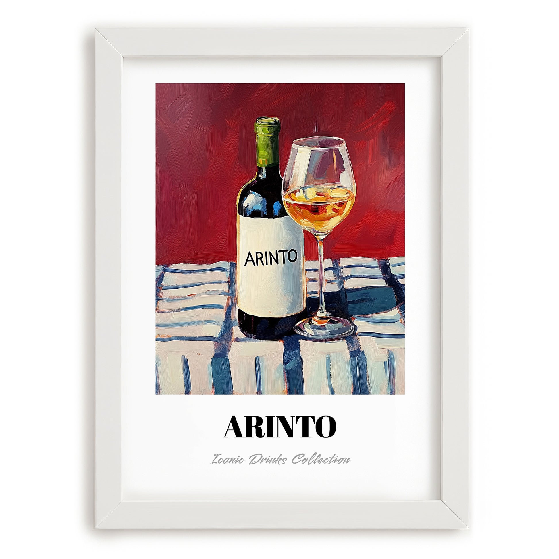 Arinto – on Striped Tablecloth, Portuguese Wine Poster, placed in minimal white frame