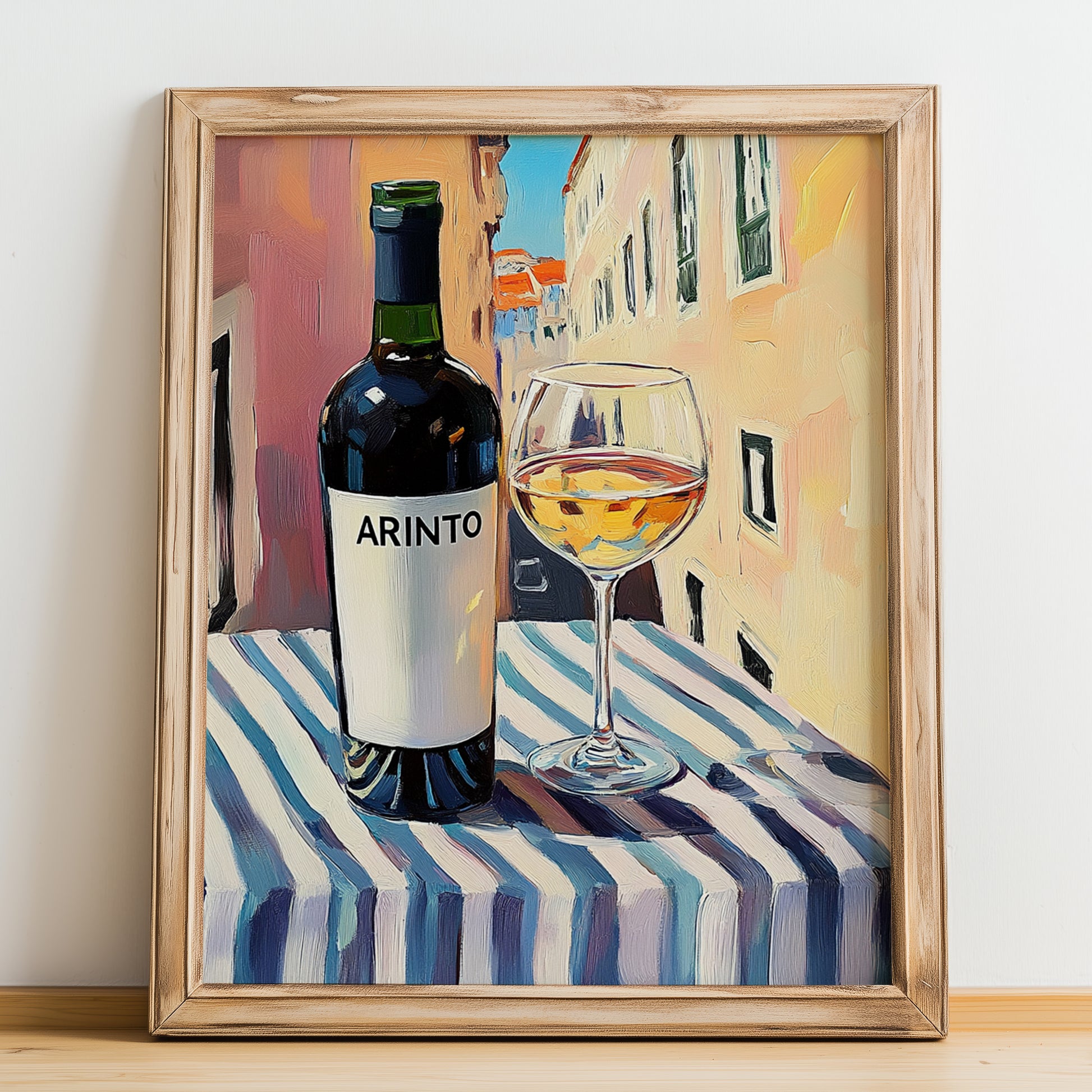 Arinto – Portuguese Outdoor Café Scene, Portuguese Wine Still Life, no-text version framed in wood
