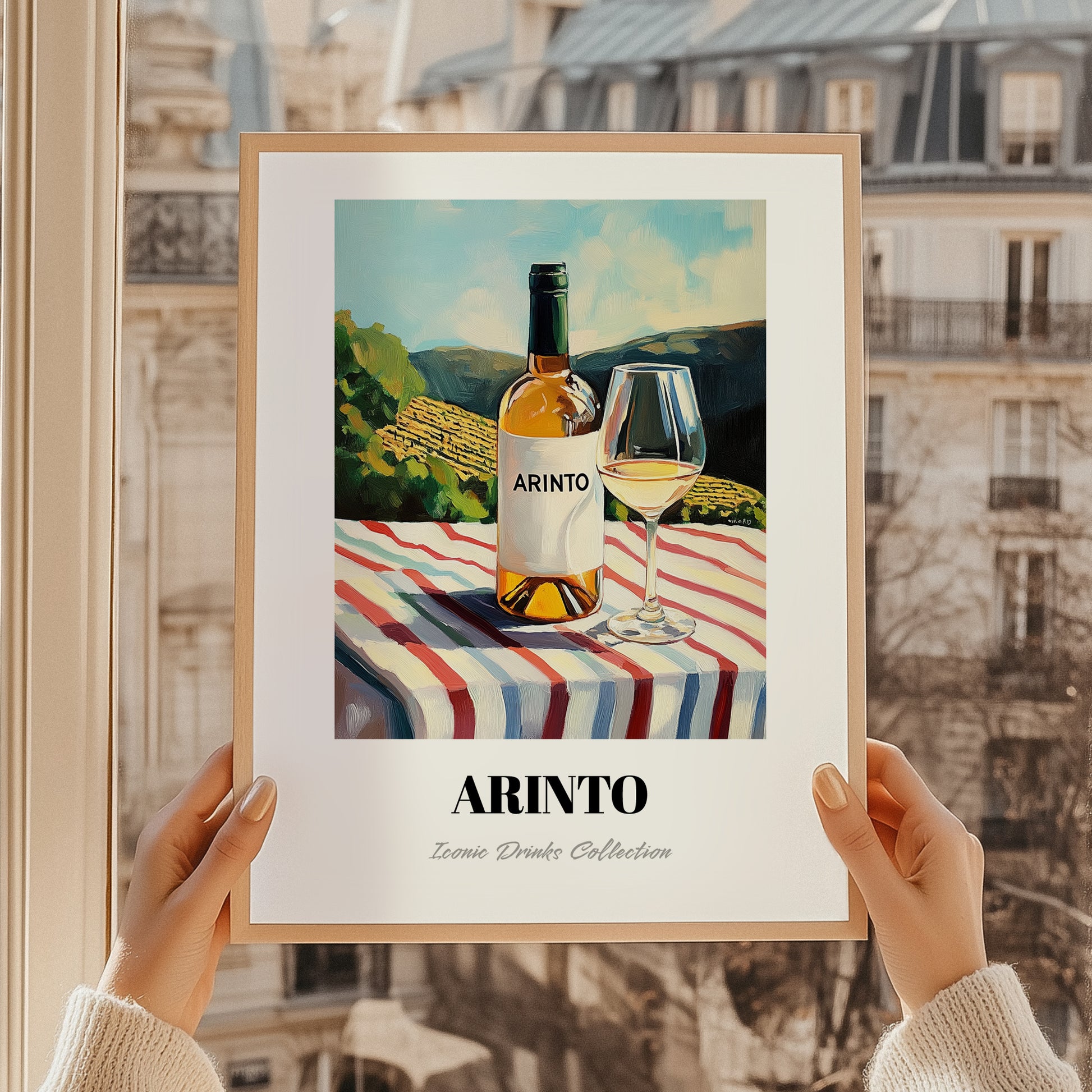 Arinto – Portuguese Hilltop Table Scene, Portuguese Wine Wall Decor, styled in a charming Paris street view