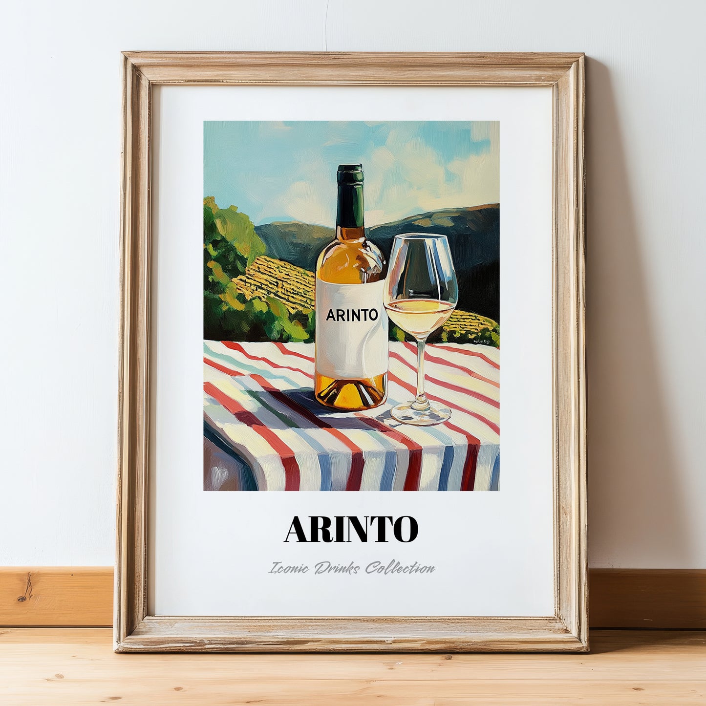 Arinto – Portuguese Hilltop Table Scene, Portuguese Wine Wall Decor, in wooden frame leaning on the floor