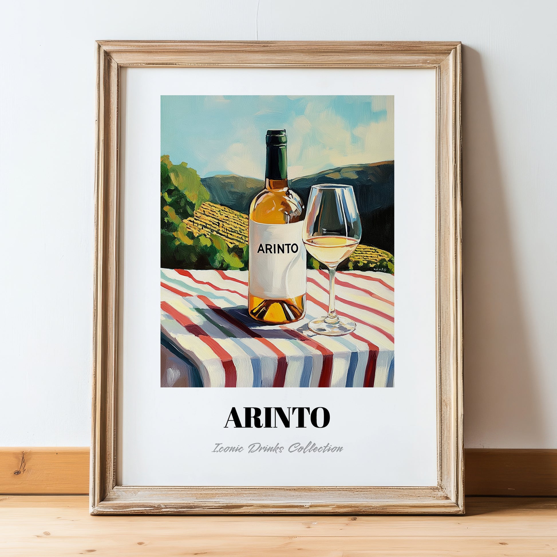 Arinto – Portuguese Hilltop Table Scene, Portuguese Wine Wall Decor, in wooden frame leaning on the floor