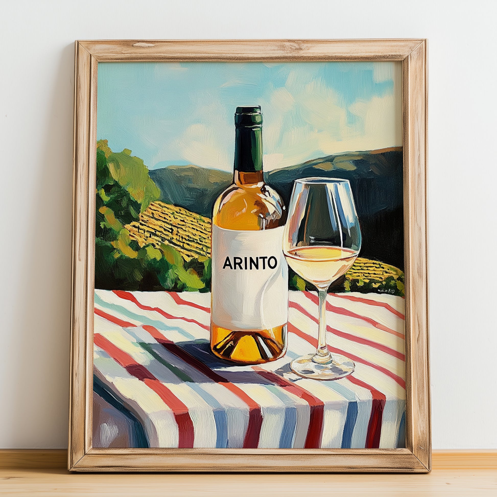 Arinto – Portuguese Hilltop Table Scene, Portuguese Wine Wall Decor, no-text version framed in wood