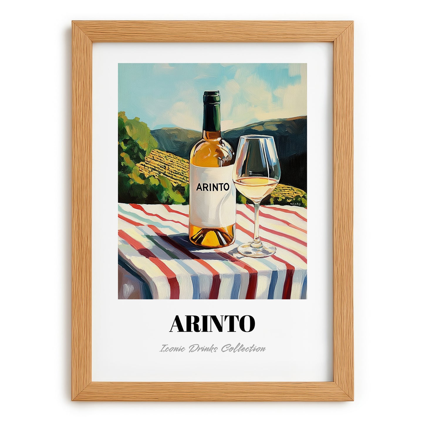 Arinto – Portuguese Hilltop Table Scene, Portuguese Wine Wall Decor, set in oak frame