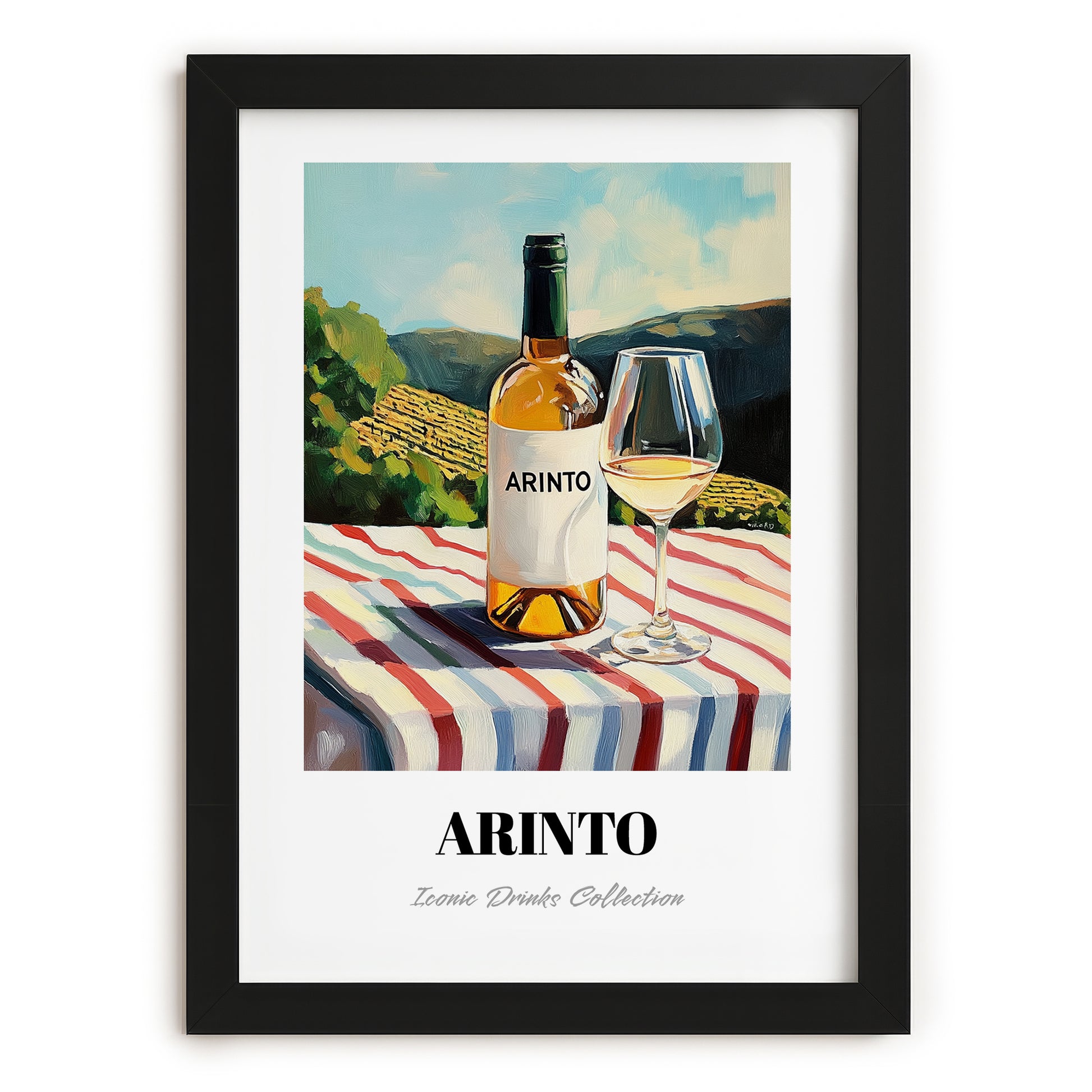 Arinto – Portuguese Hilltop Table Scene, Portuguese Wine Wall Decor, in sleek black frame