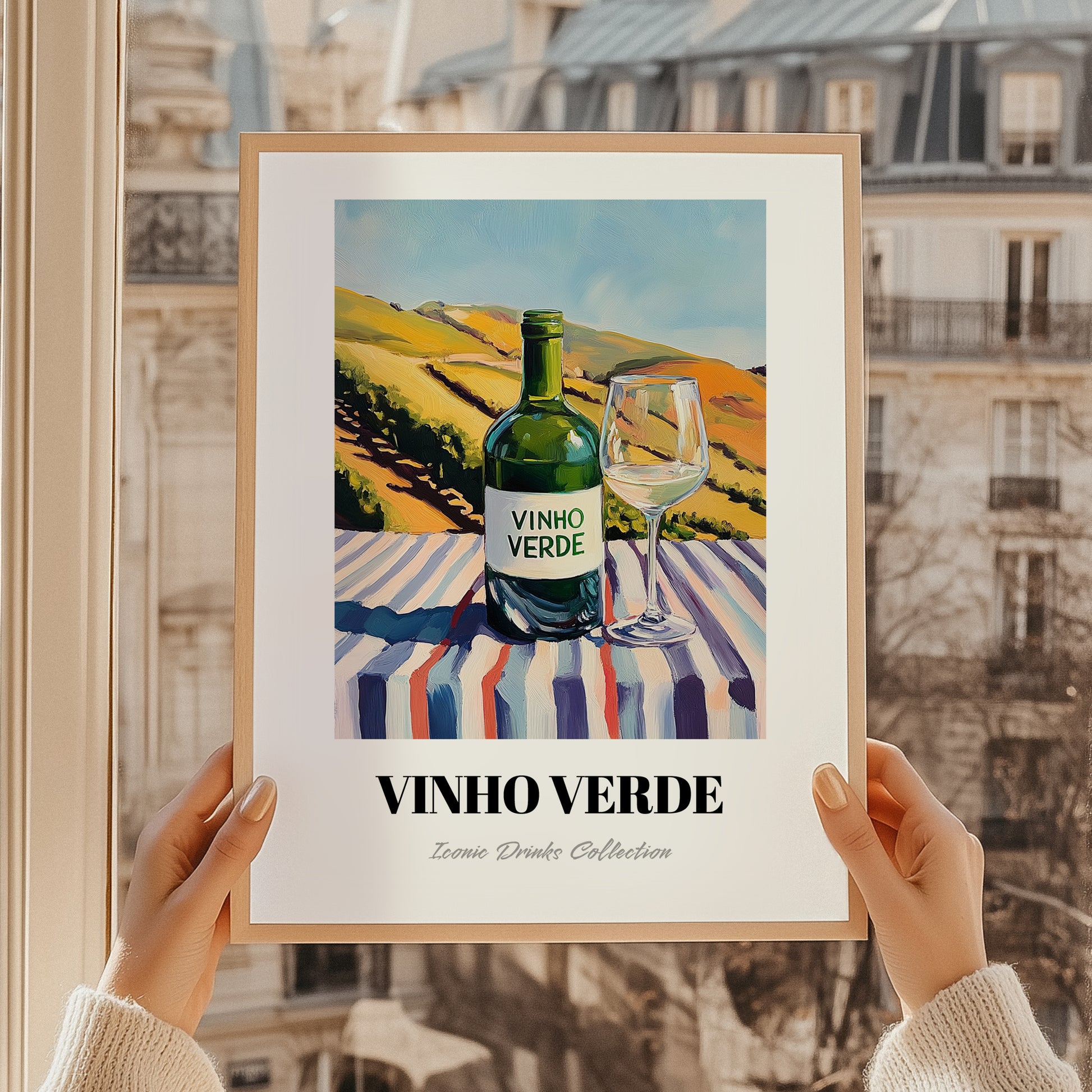 Vinho Verde – Portuguese Hillside Café View, Portuguese Wine Wall Decor, styled in a charming Paris street view