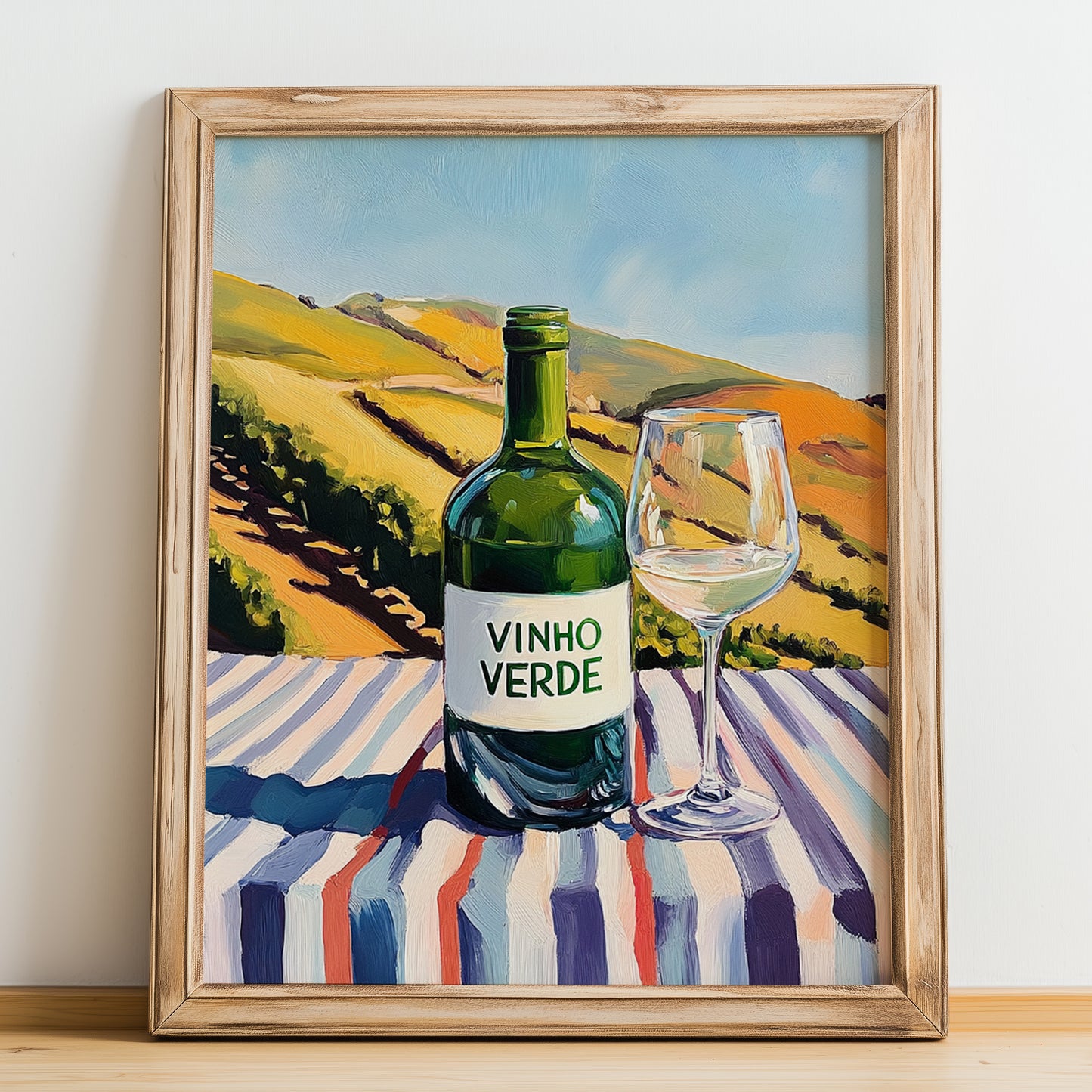 Vinho Verde – Portuguese Hillside Café View, Portuguese Wine Wall Decor, no-text version framed in wood