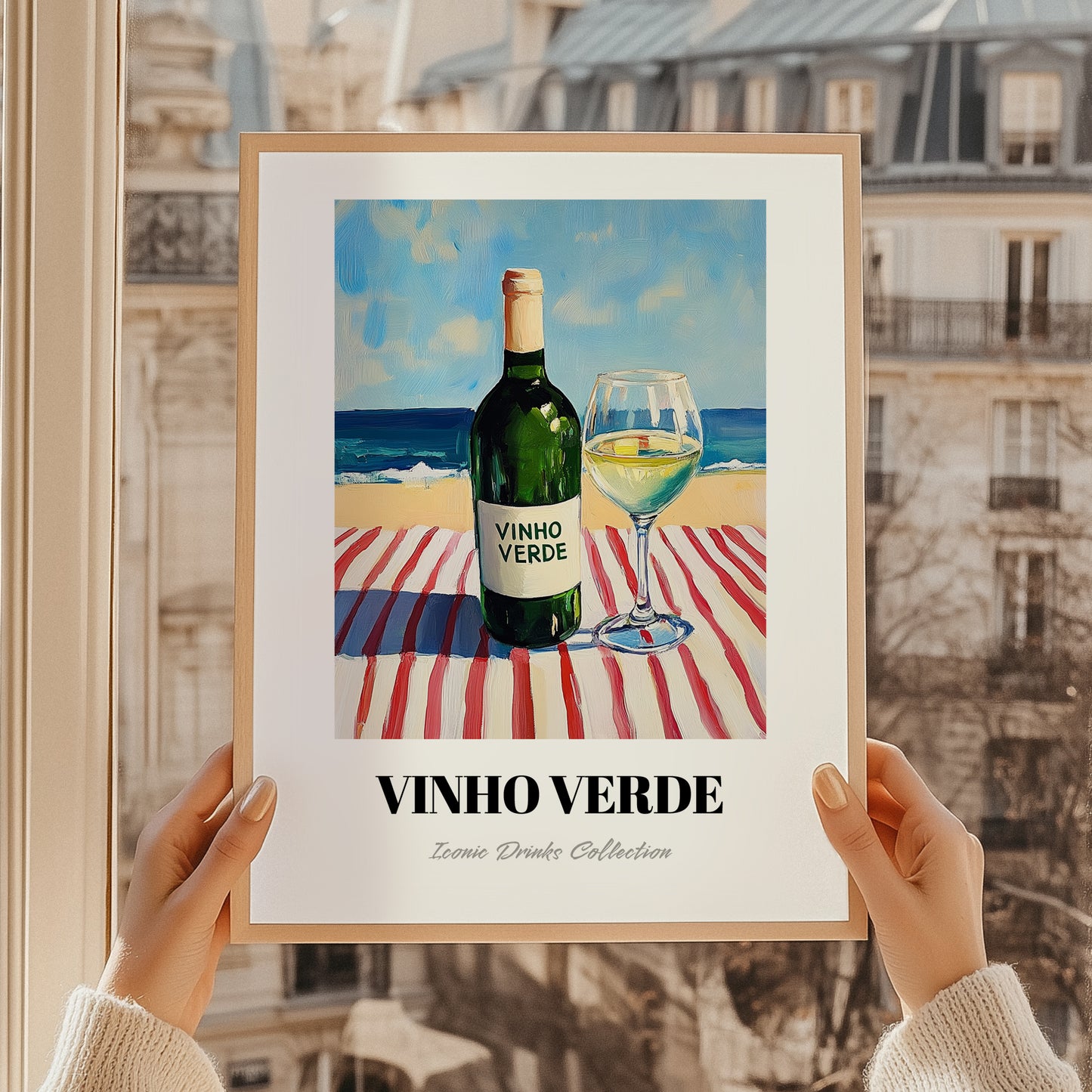 Vinho Verde – Portuguese Seaside Café Scene, Portuguese Wine Painting, styled in a charming Paris street view