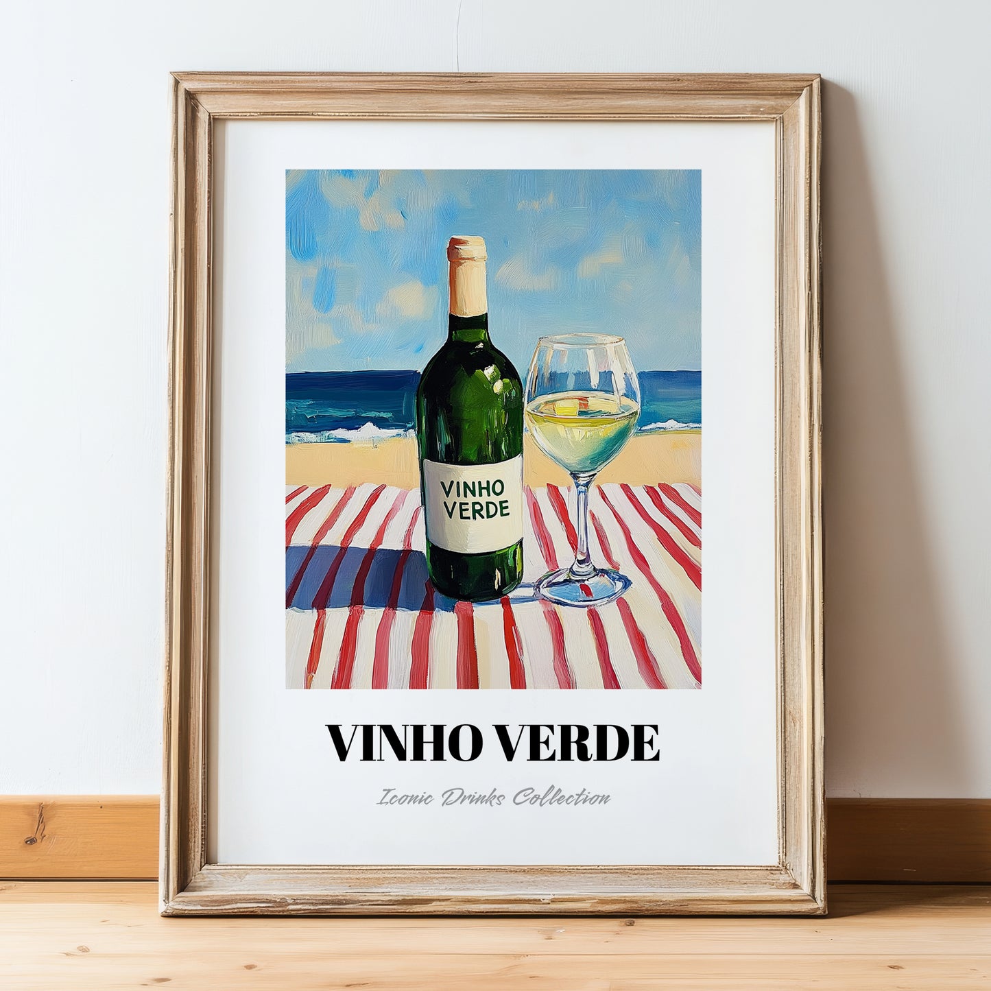Vinho Verde – Portuguese Seaside Café Scene, Portuguese Wine Painting, in wooden frame leaning on the floor