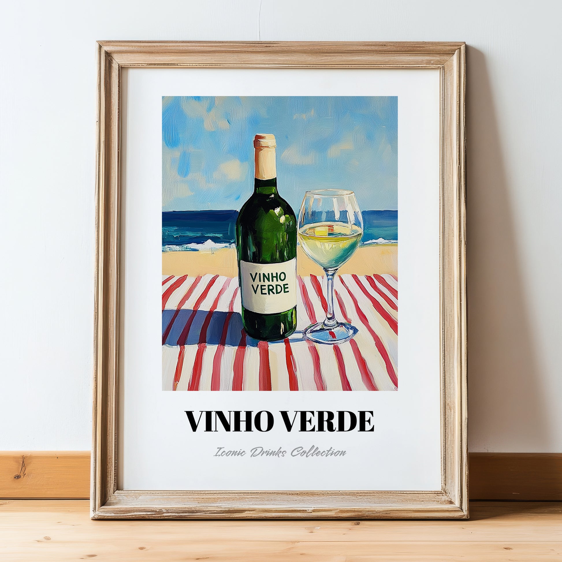 Vinho Verde – Portuguese Seaside Café Scene, Portuguese Wine Painting, in wooden frame leaning on the floor