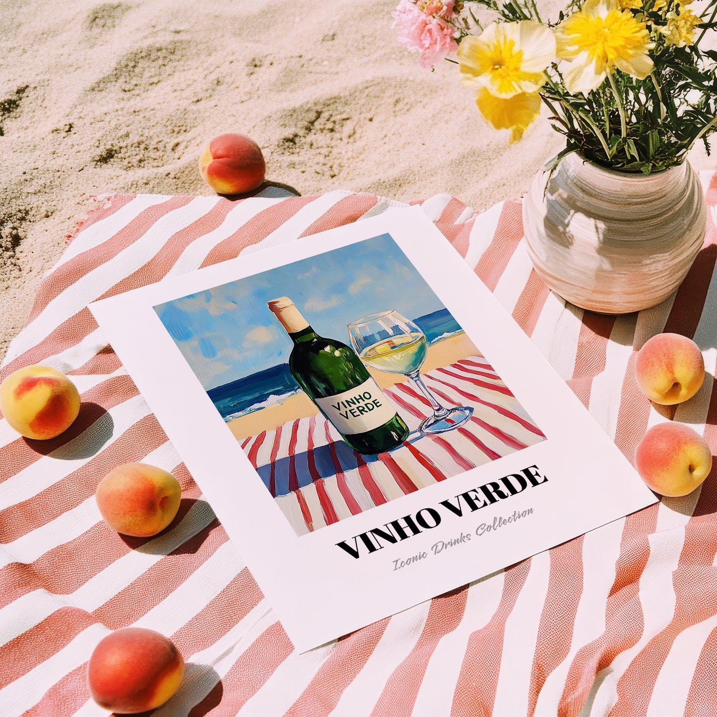 Vinho Verde – Portuguese Seaside Café Scene, Portuguese Wine Painting, unframed on coastal sand