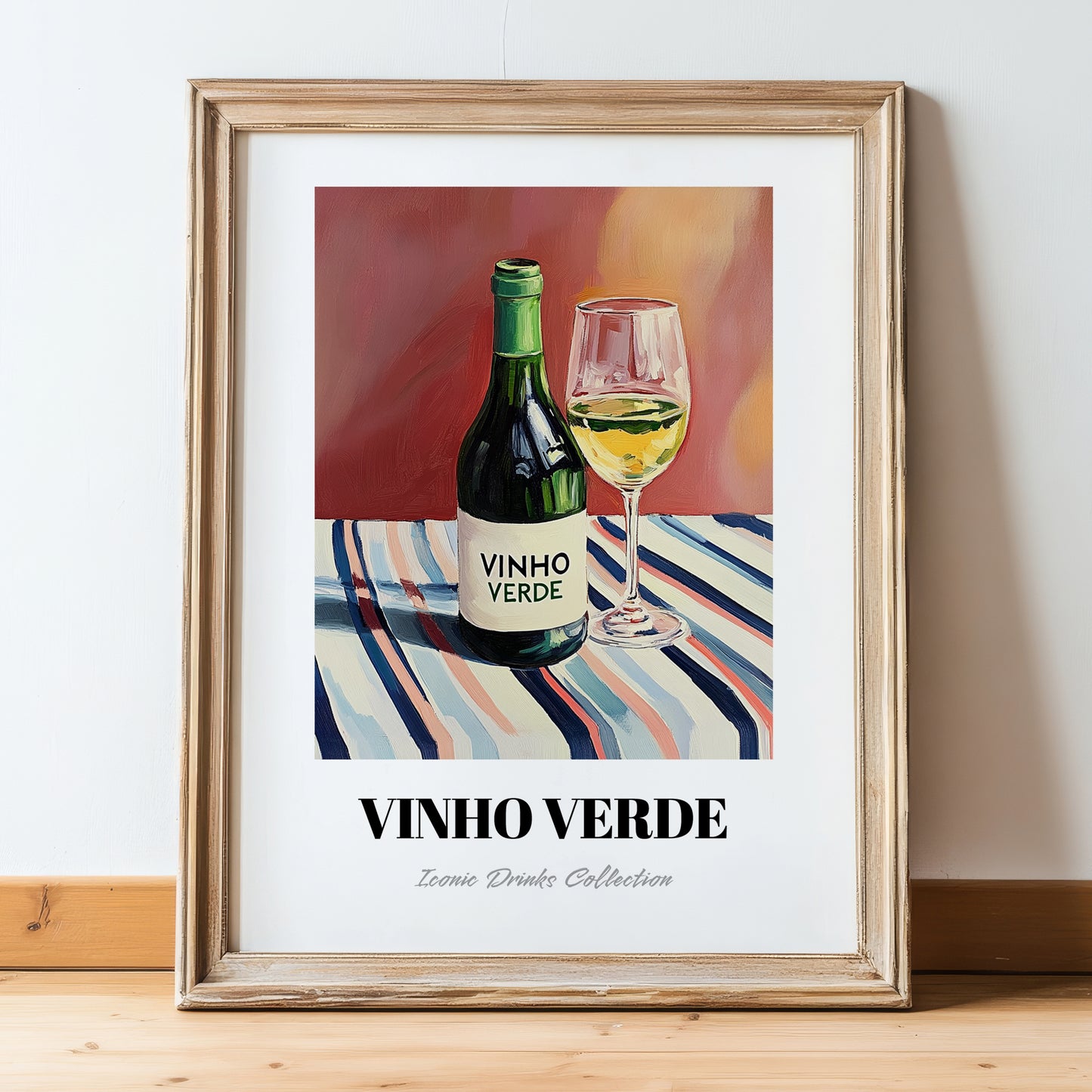 Vinho Verde – on Striped Tablecloth, Portuguese Wine Poster, in wooden frame leaning on the floor