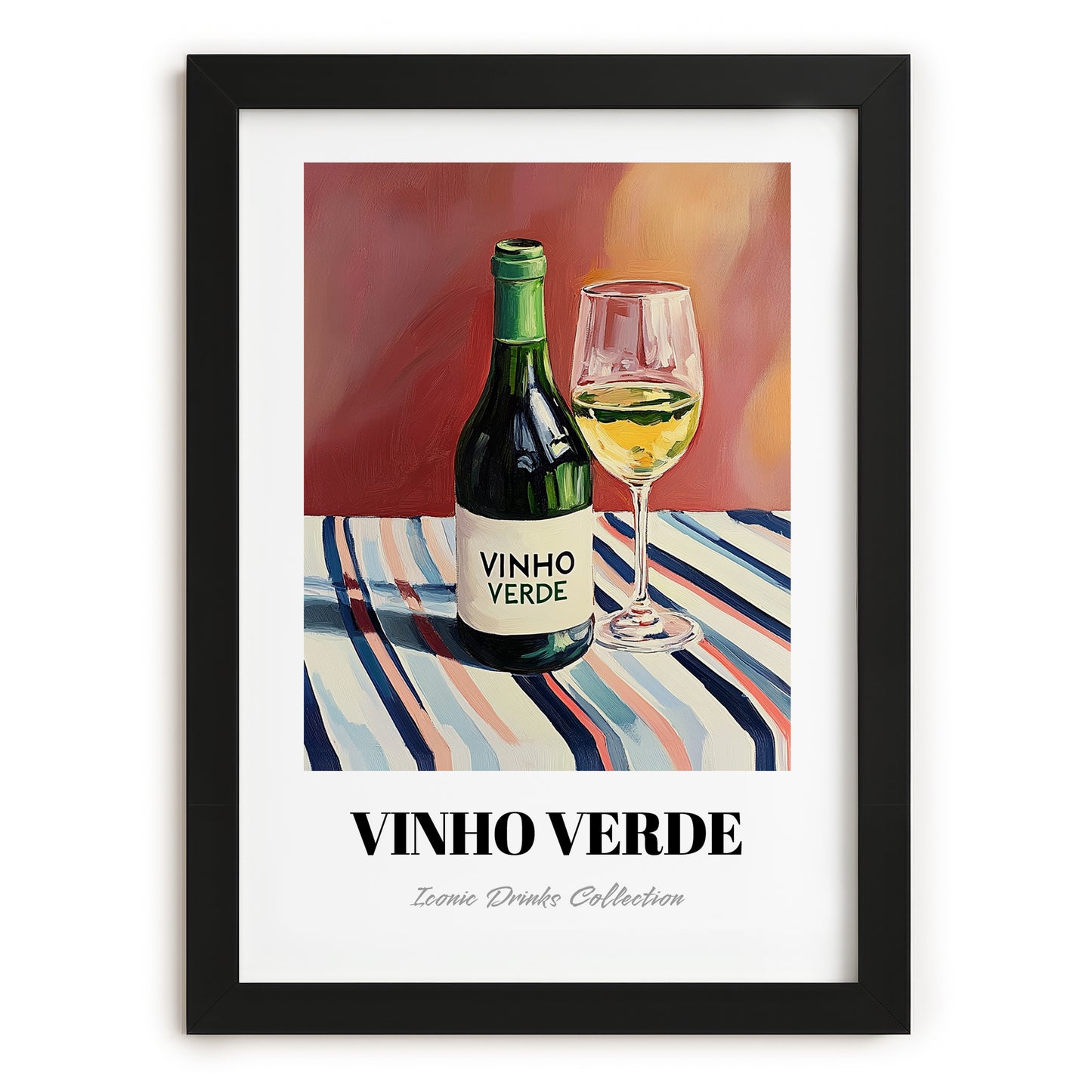 Vinho Verde – on Striped Tablecloth, Portuguese Wine Poster, in sleek black frame