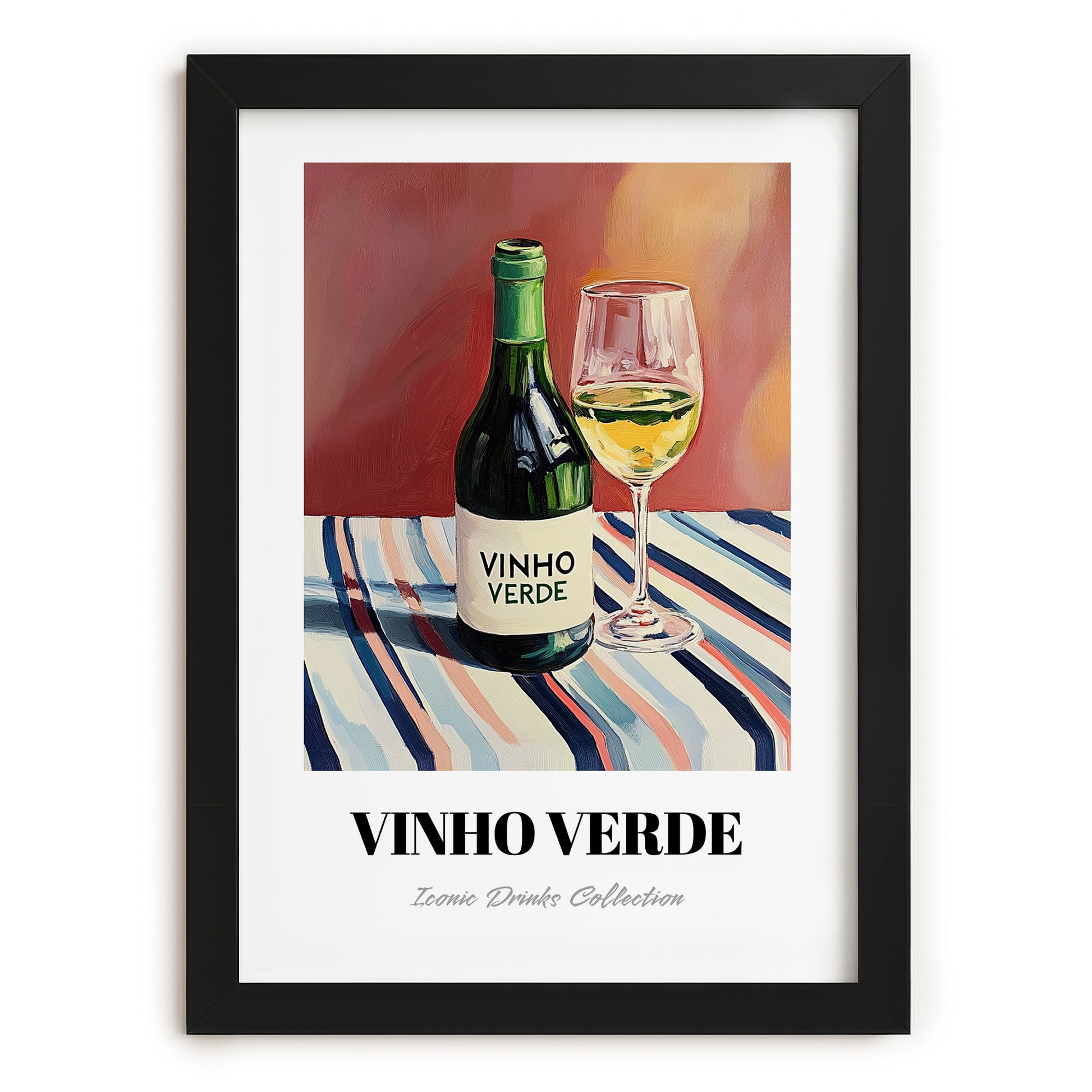 Vinho Verde – on Striped Tablecloth, Portuguese Wine Poster, in sleek black frame