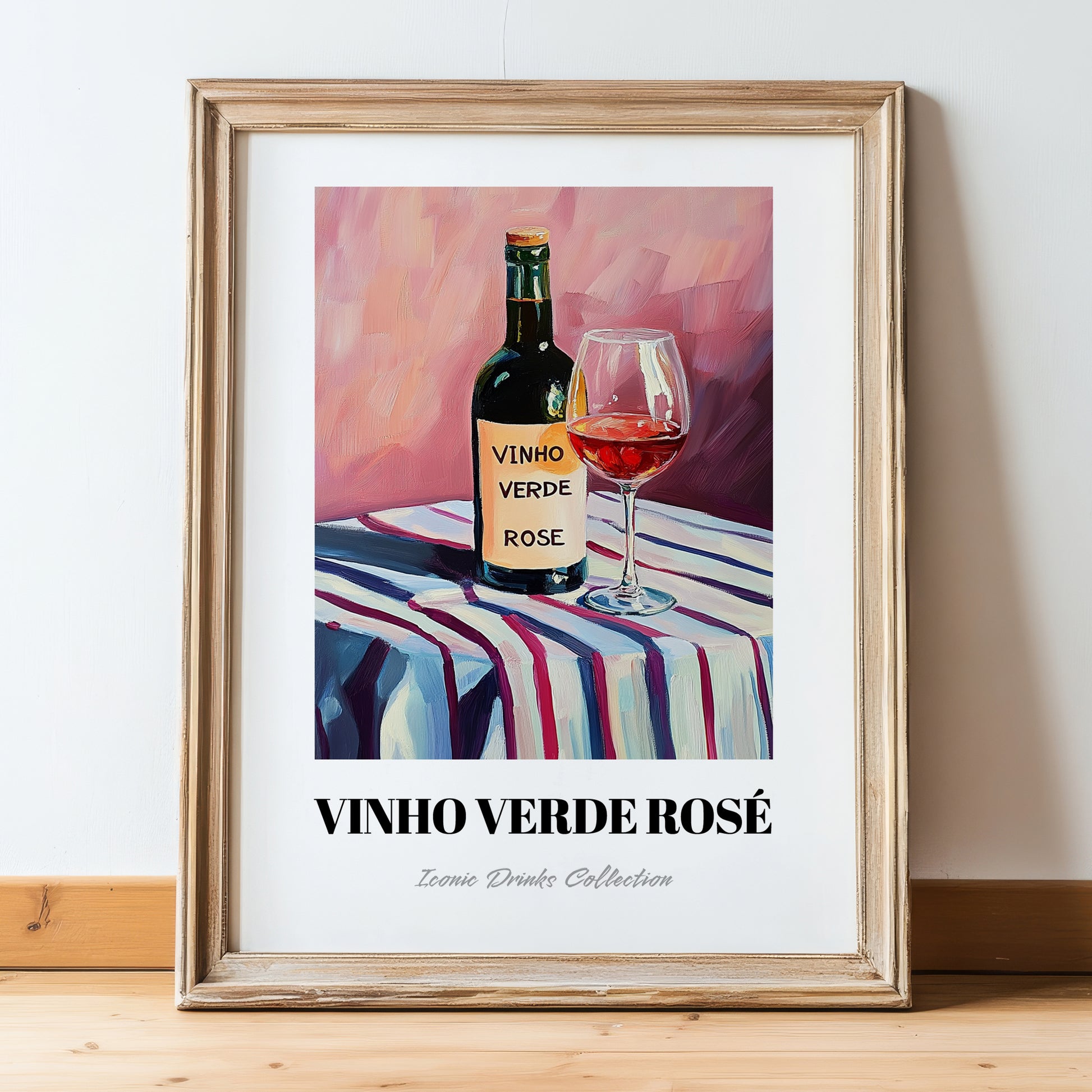 Vinho Verde Rosé – on Striped Tablecloth, Portuguese Wine Wall Decor, in wooden frame leaning on the floor