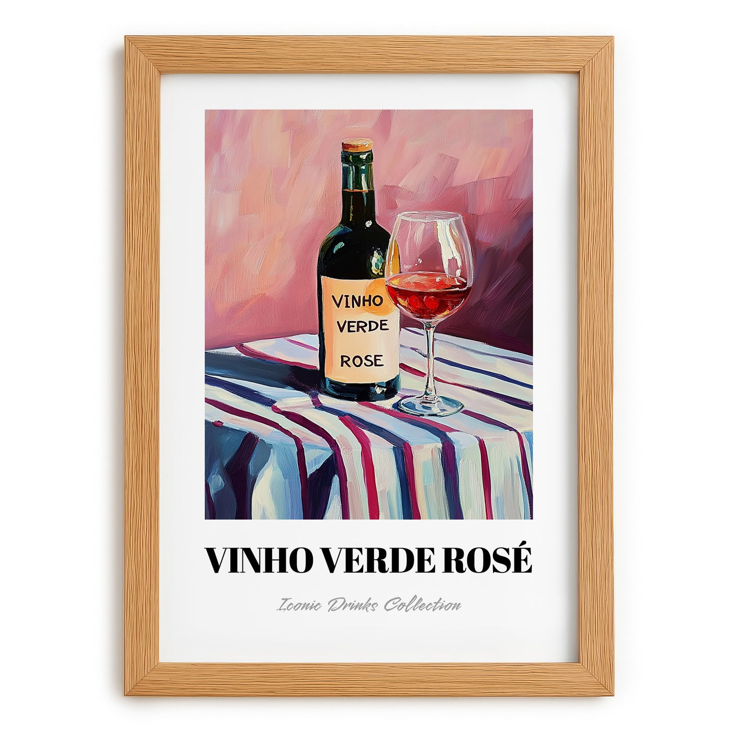 Vinho Verde Rosé – on Striped Tablecloth, Portuguese Wine Wall Decor, set in oak frame