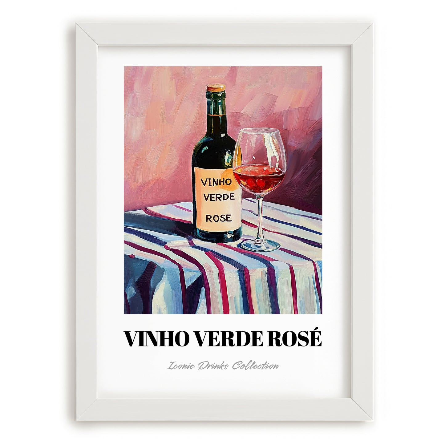 Vinho Verde Rosé – on Striped Tablecloth, Portuguese Wine Wall Decor, placed in minimal white frame