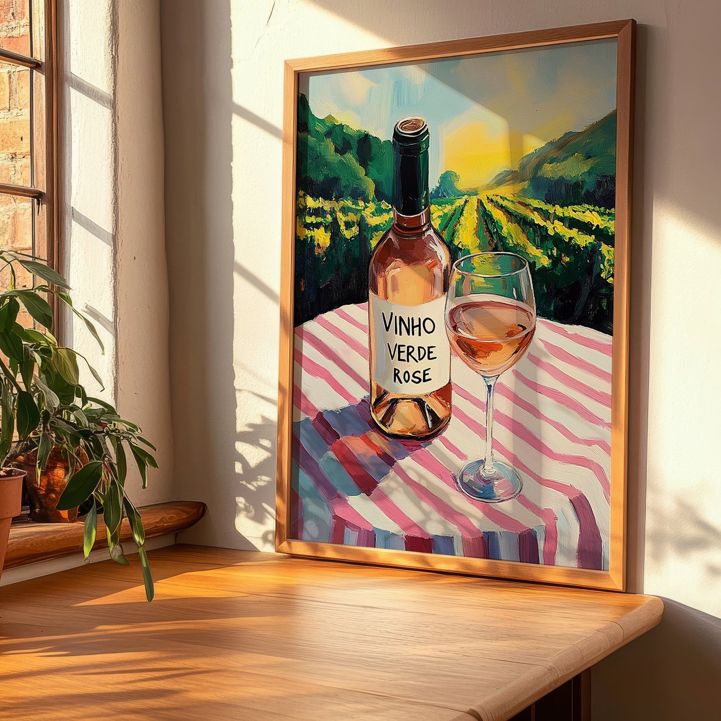 Vinho Verde Rosé – Portuguese Hilltop Café Scene, Portuguese Wine Illustration, clean layout with no caption
