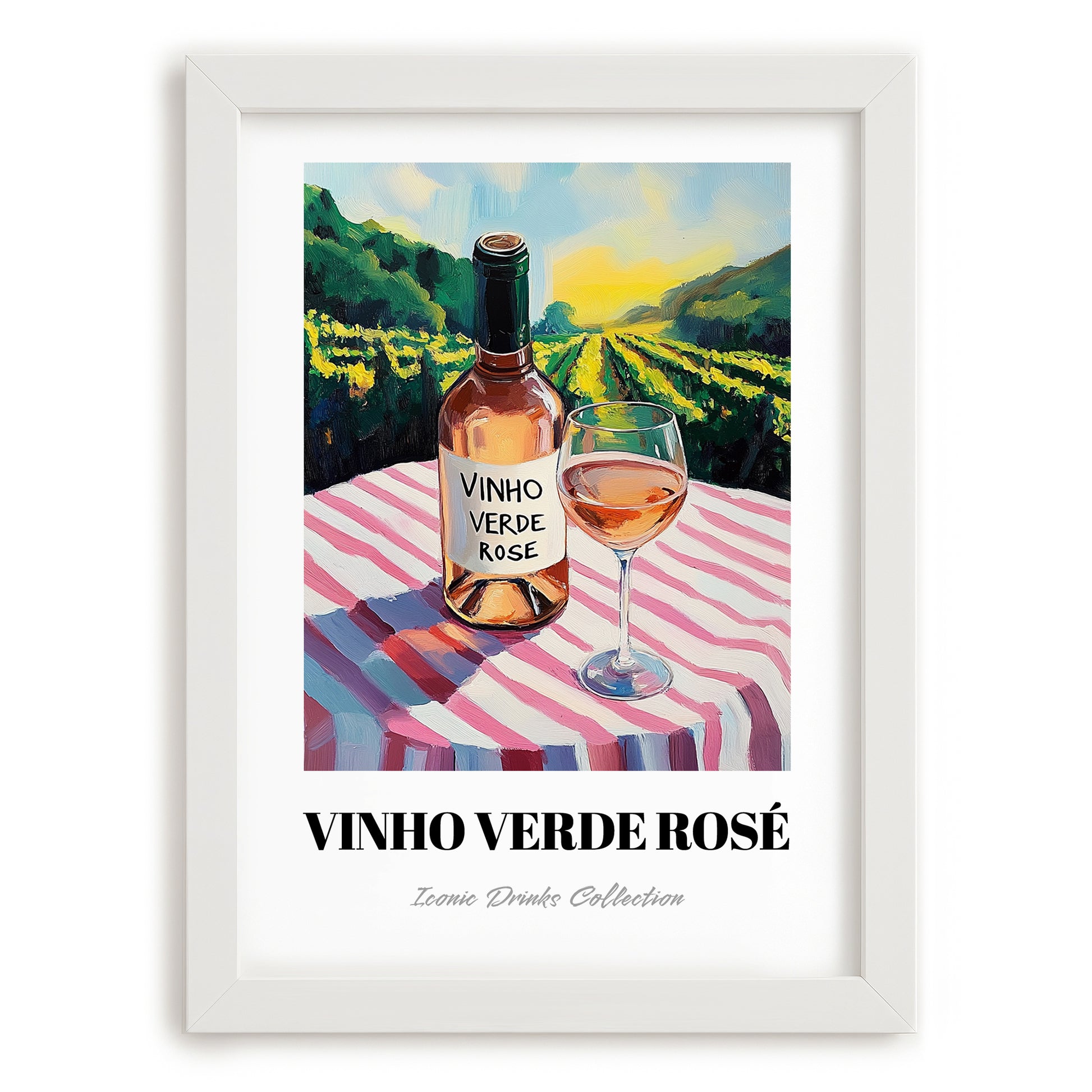 Vinho Verde Rosé – Portuguese Hilltop Café Scene, Portuguese Wine Illustration, placed in minimal white frame