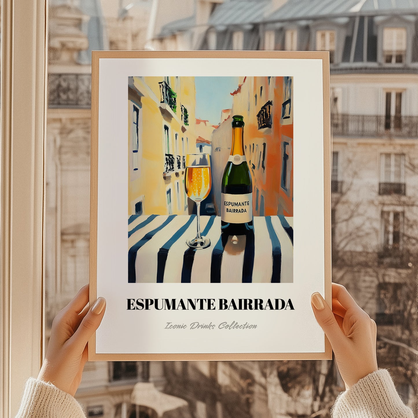 Espumante Bairrada – Portuguese Outdoor Café Scene, Portuguese Sparkling Wine Wall Poster, styled in a charming Paris street view