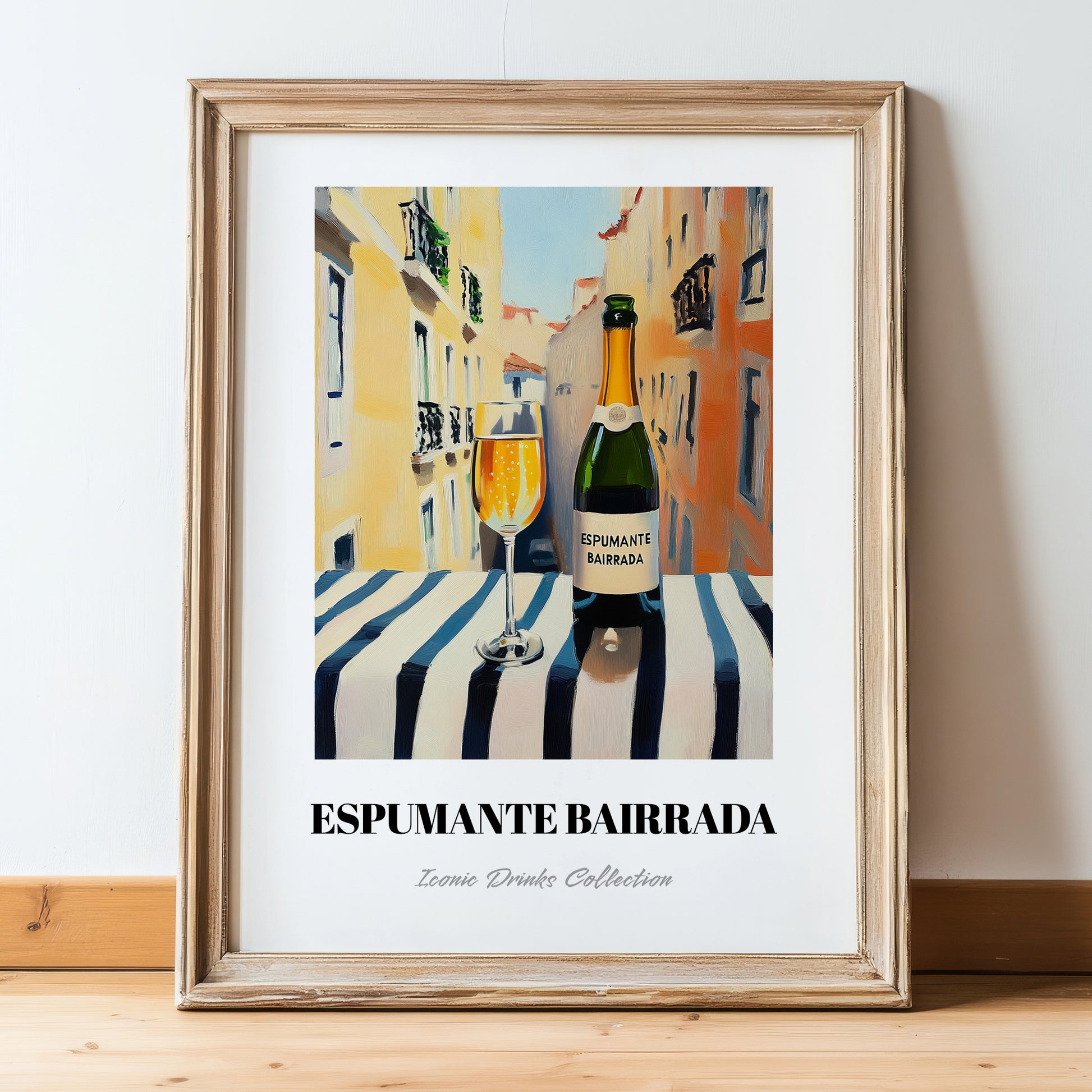 Espumante Bairrada – Portuguese Outdoor Café Scene, Portuguese Sparkling Wine Wall Poster, in wooden frame leaning on the floor