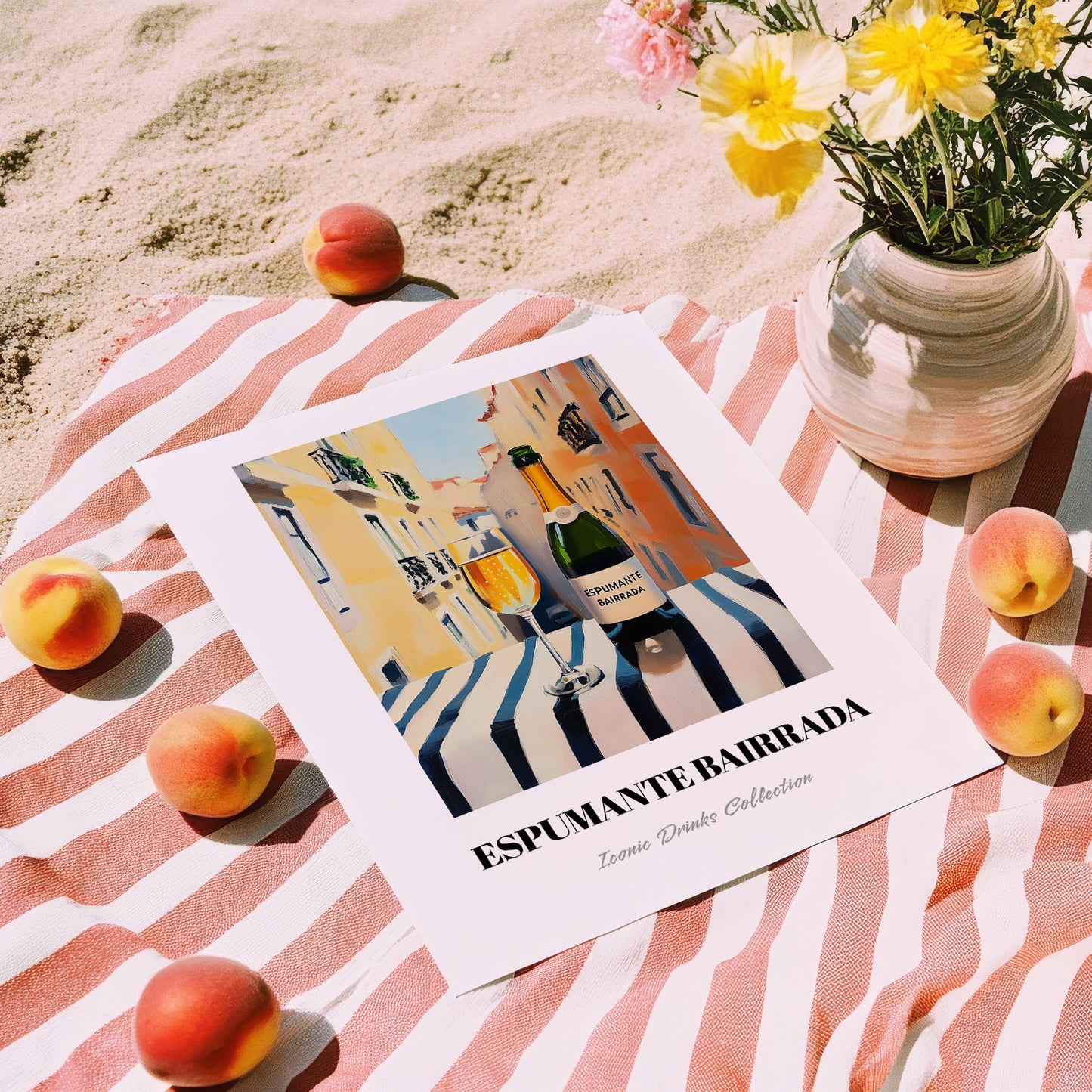 Espumante Bairrada – Portuguese Outdoor Café Scene, Portuguese Sparkling Wine Wall Poster, unframed on coastal sand