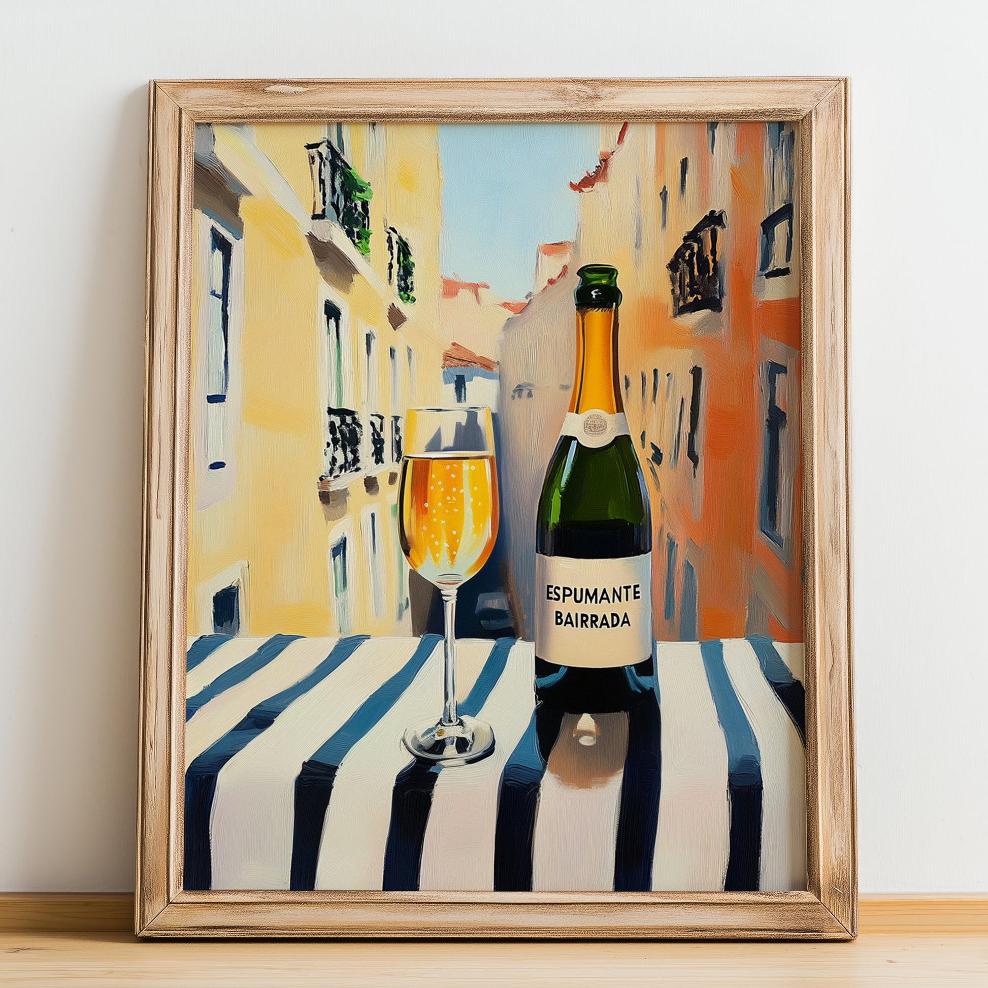 Espumante Bairrada – Portuguese Outdoor Café Scene, Portuguese Sparkling Wine Wall Poster, no-text version framed in wood