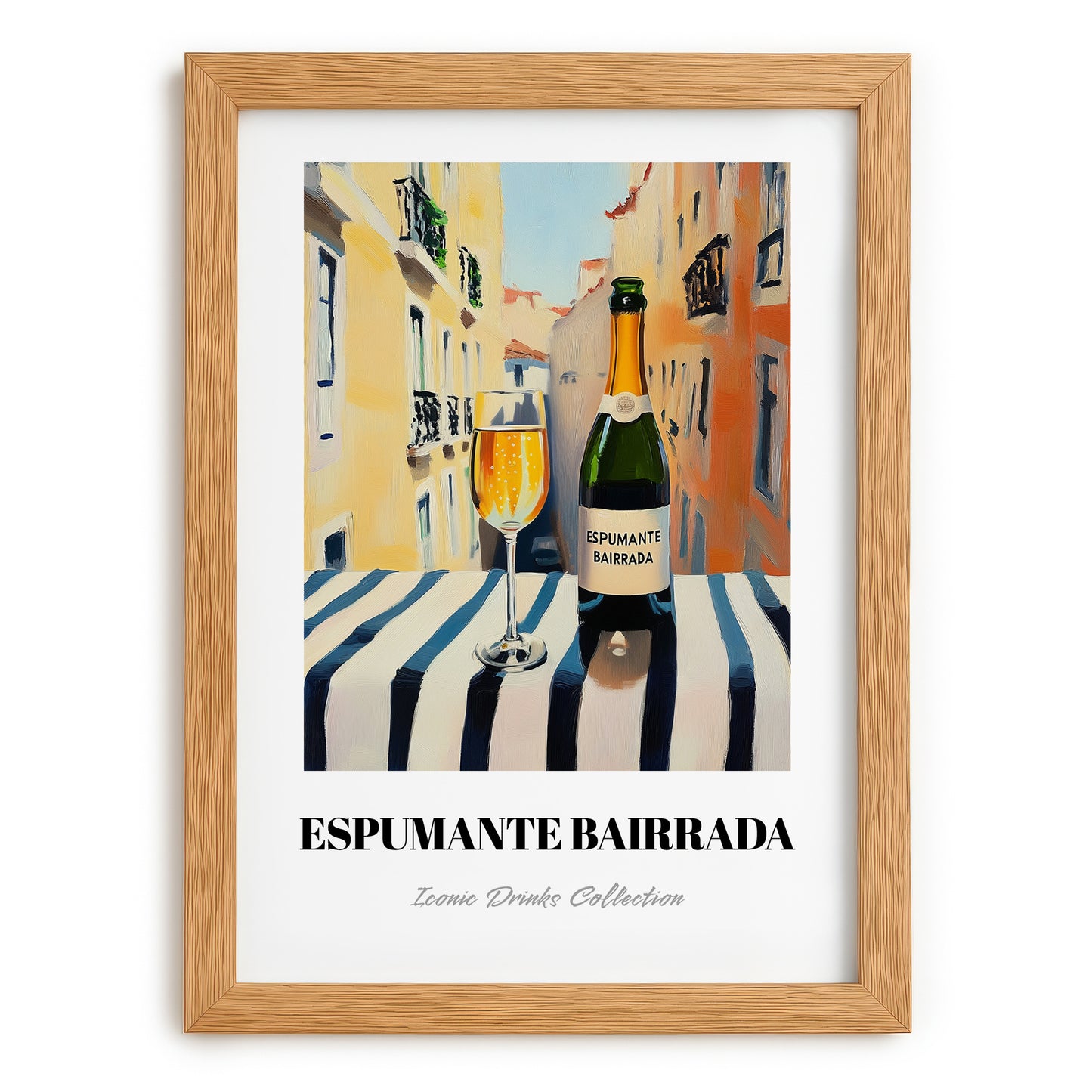 Espumante Bairrada – Portuguese Outdoor Café Scene, Portuguese Sparkling Wine Wall Poster, set in oak frame