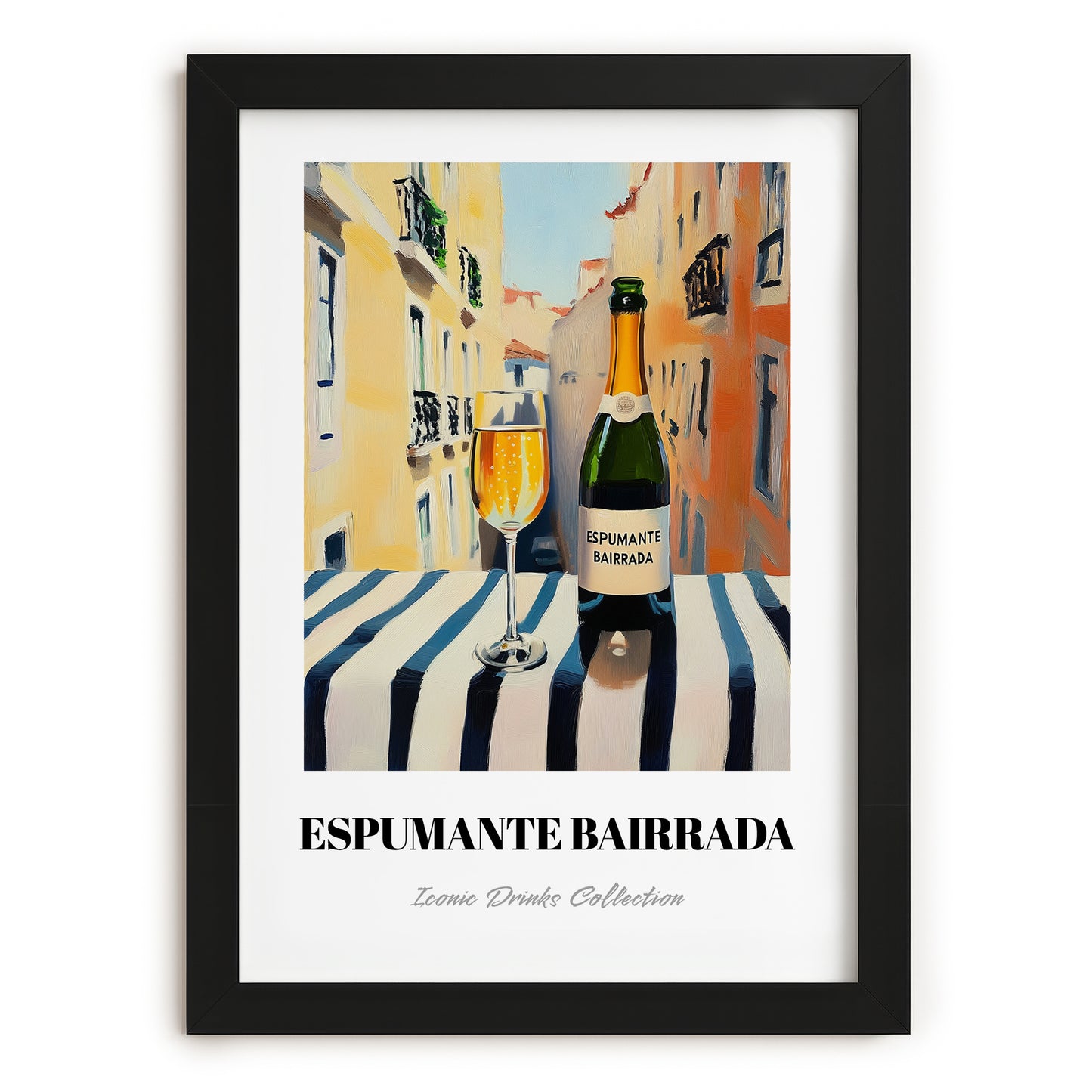 Espumante Bairrada – Portuguese Outdoor Café Scene, Portuguese Sparkling Wine Wall Poster, in sleek black frame