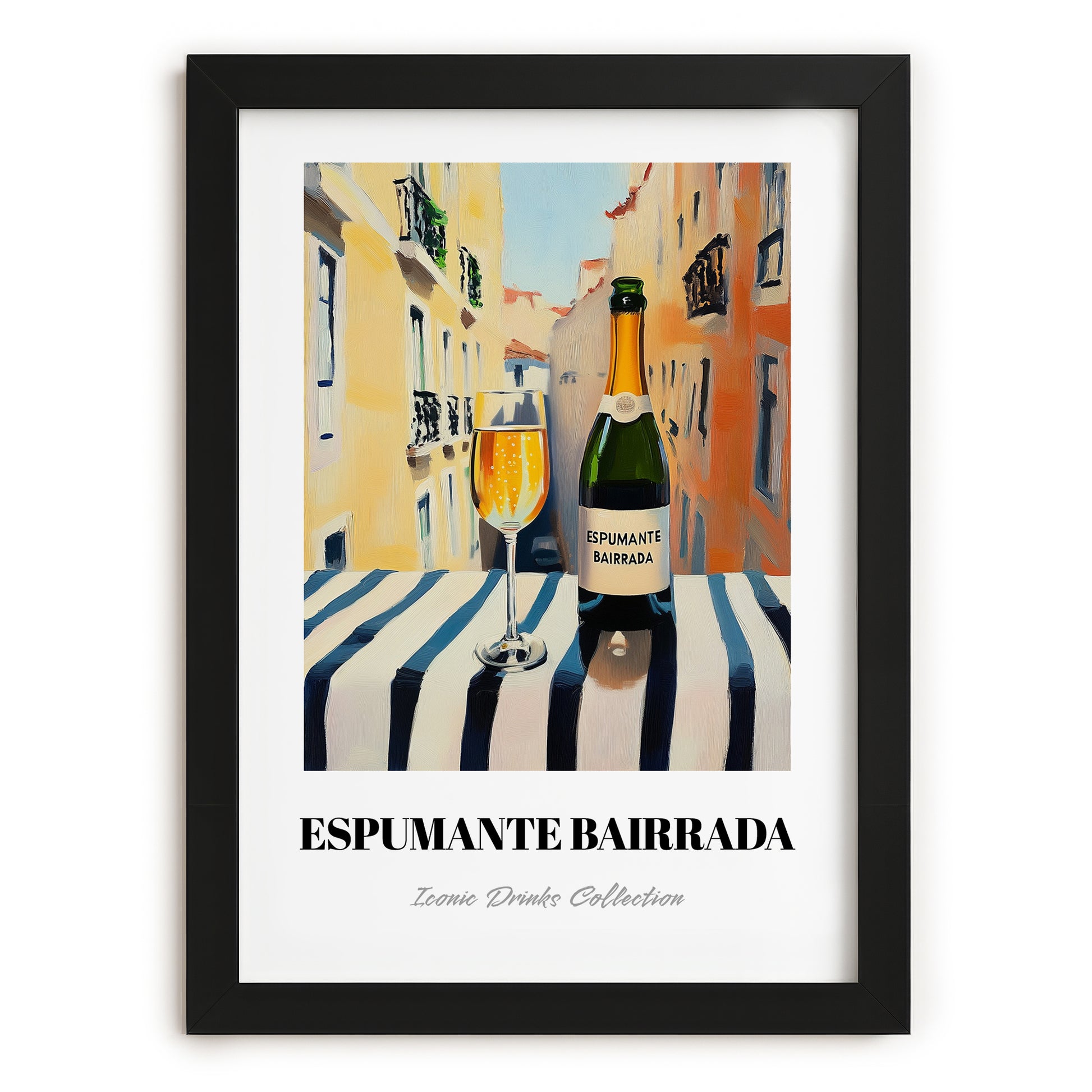 Espumante Bairrada – Portuguese Outdoor Café Scene, Portuguese Sparkling Wine Wall Poster, in sleek black frame